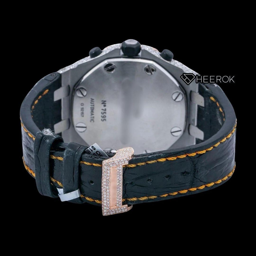 AP Royal Oak Offshore Chronograph Black Dial Orange Standard Numerals Rose Gold Diamond Bezel Black Leather Strap Moissanite Watch
