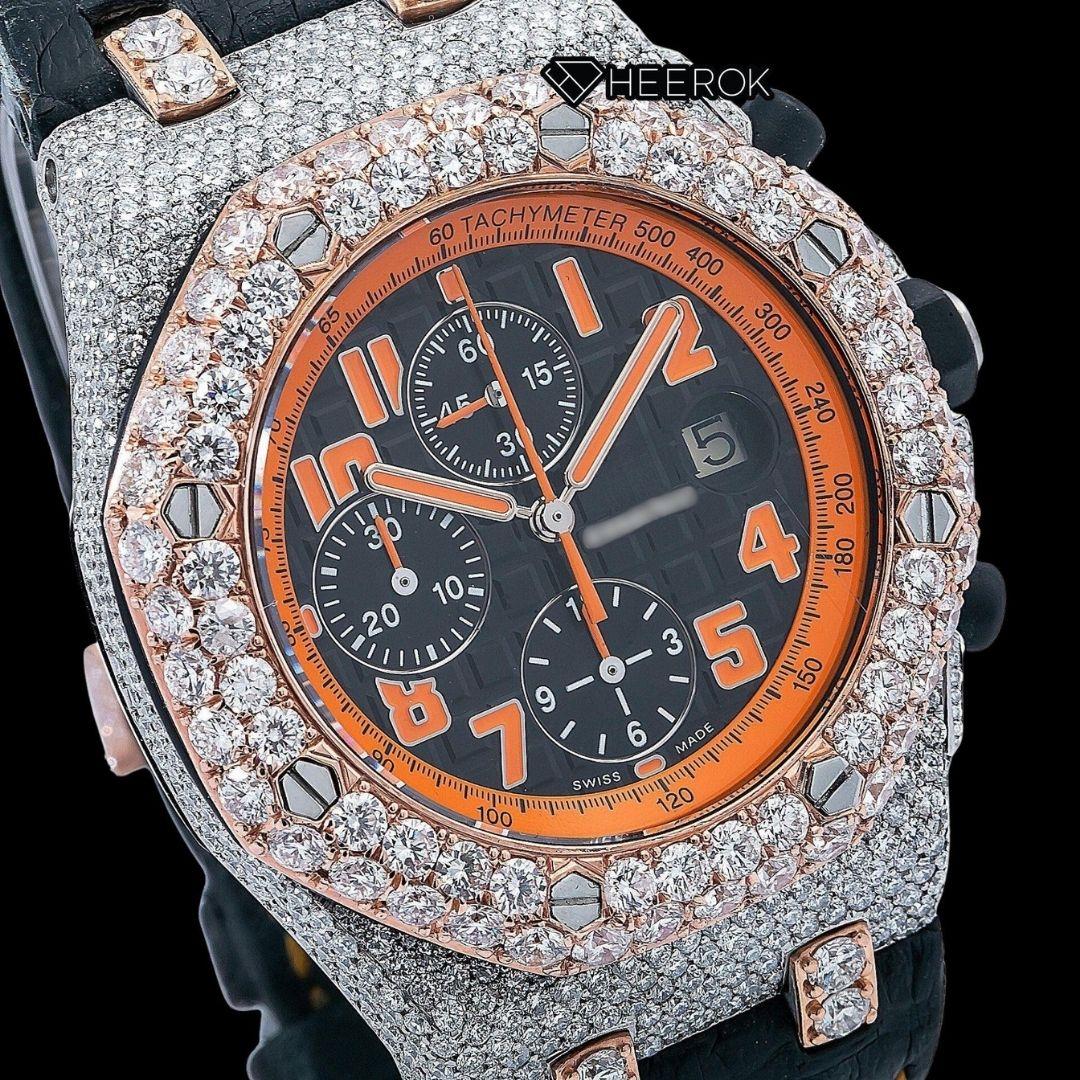 AP Royal Oak Offshore Chronograph Black Dial Orange Standard Numerals Rose Gold Diamond Bezel Black Leather Strap Moissanite Watch