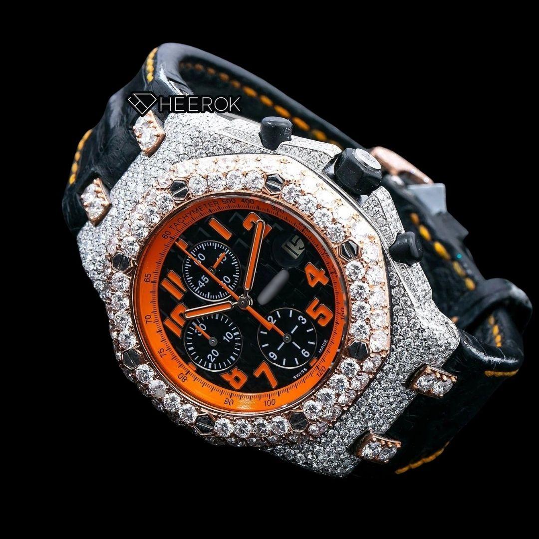 AP Royal Oak Offshore Chronograph Black Dial Orange Standard Numerals Rose Gold Diamond Bezel Black Leather Strap Moissanite Watch