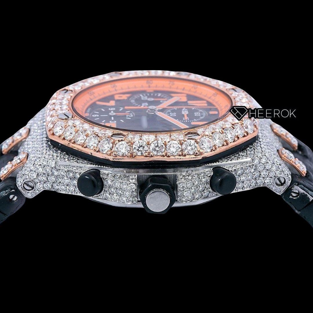 AP Royal Oak Offshore Chronograph Black Dial Orange Standard Numerals Rose Gold Diamond Bezel Black Leather Strap Moissanite Watch