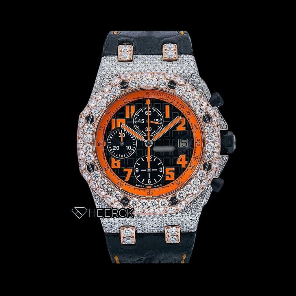 AP Royal Oak Offshore Chronograph Black Dial Orange Standard Numerals Rose Gold Diamond Bezel Black Leather Strap Moissanite Watch