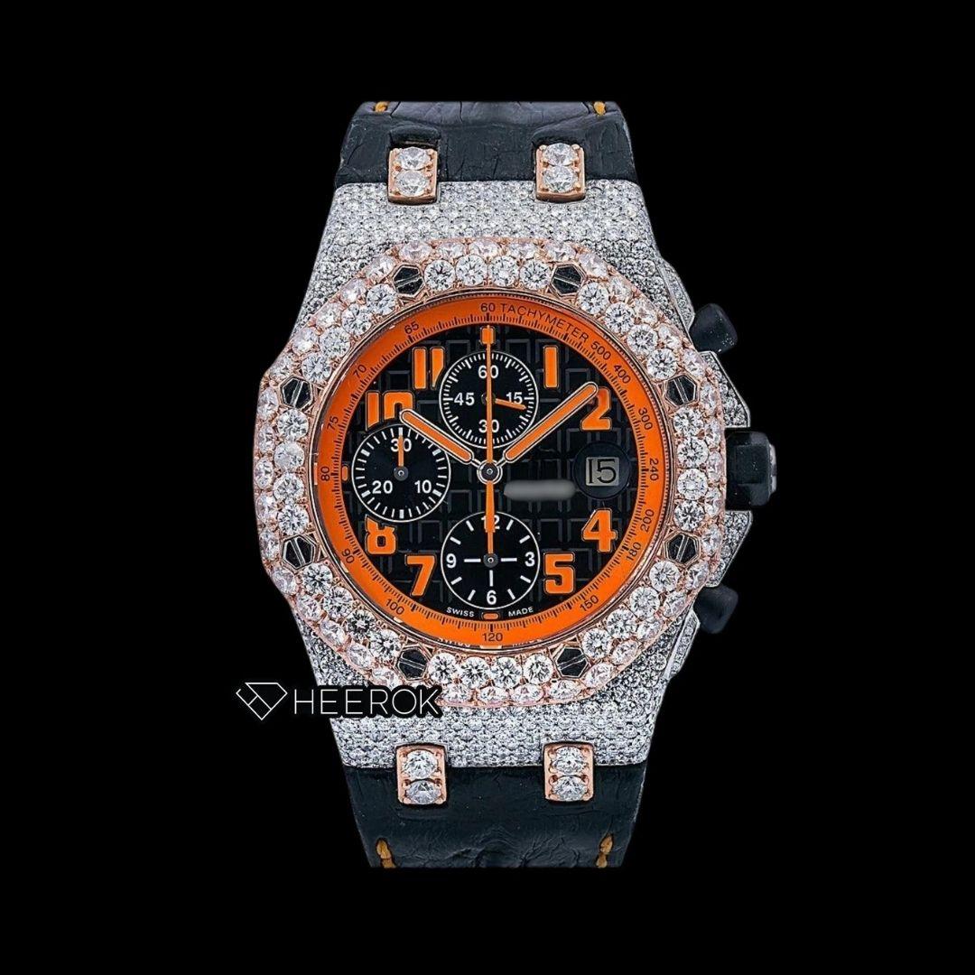 AP Royal Oak Offshore Chronograph Black Dial Orange Standard Numerals Rose Gold Diamond Bezel Black Leather Strap Moissanite Watch