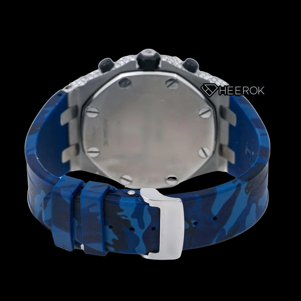AP Royal Oak Offshore Chronograph Black Dial Standard Numerals Large Round Diamond Rose Gold Bezel Blue Camouflage Rubber Strap Semi Iced Out Moissanite Watch