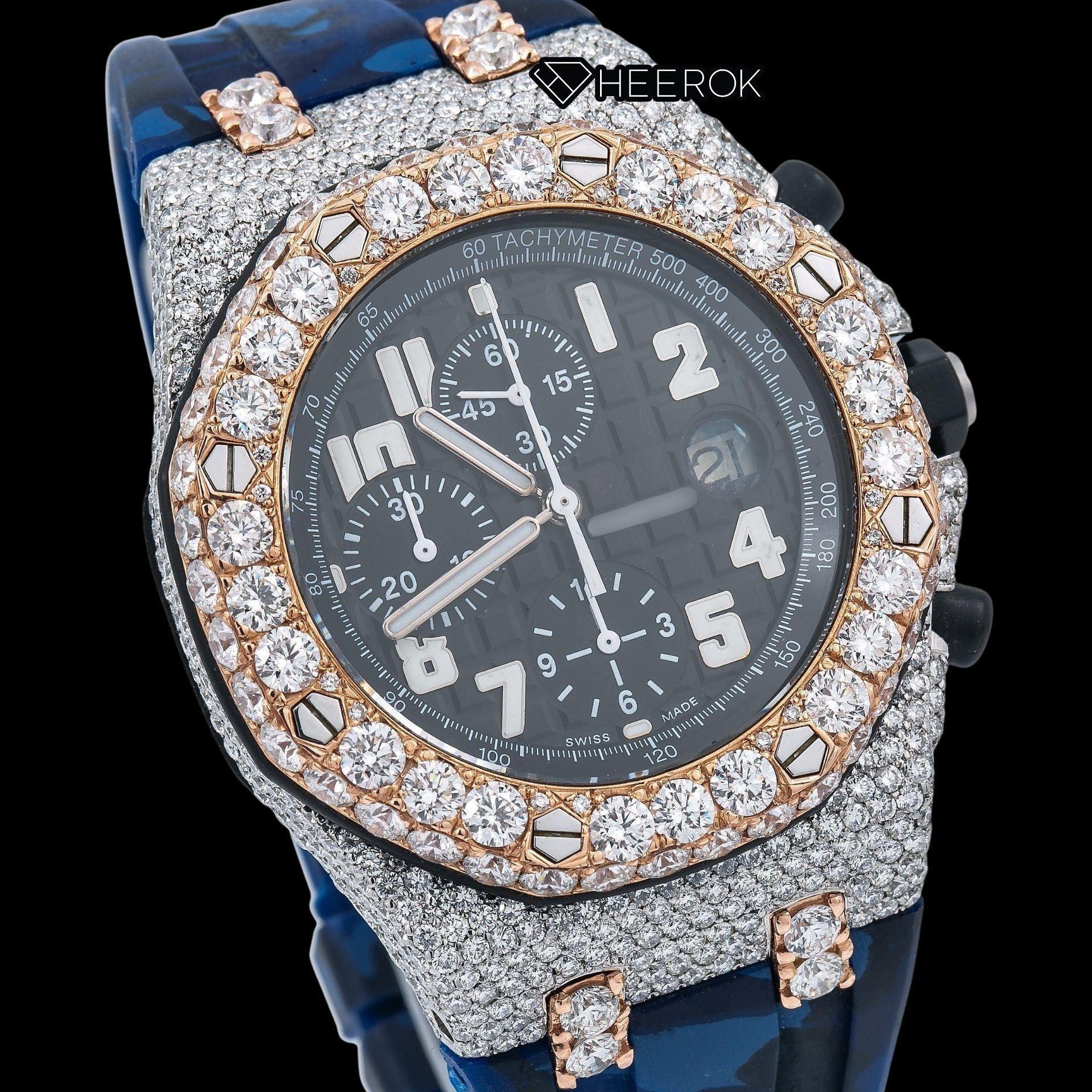 AP Royal Oak Offshore Chronograph Black Dial Standard Numerals Large Round Diamond Rose Gold Bezel Blue Camouflage Rubber Strap Semi Iced Out Moissanite Watch