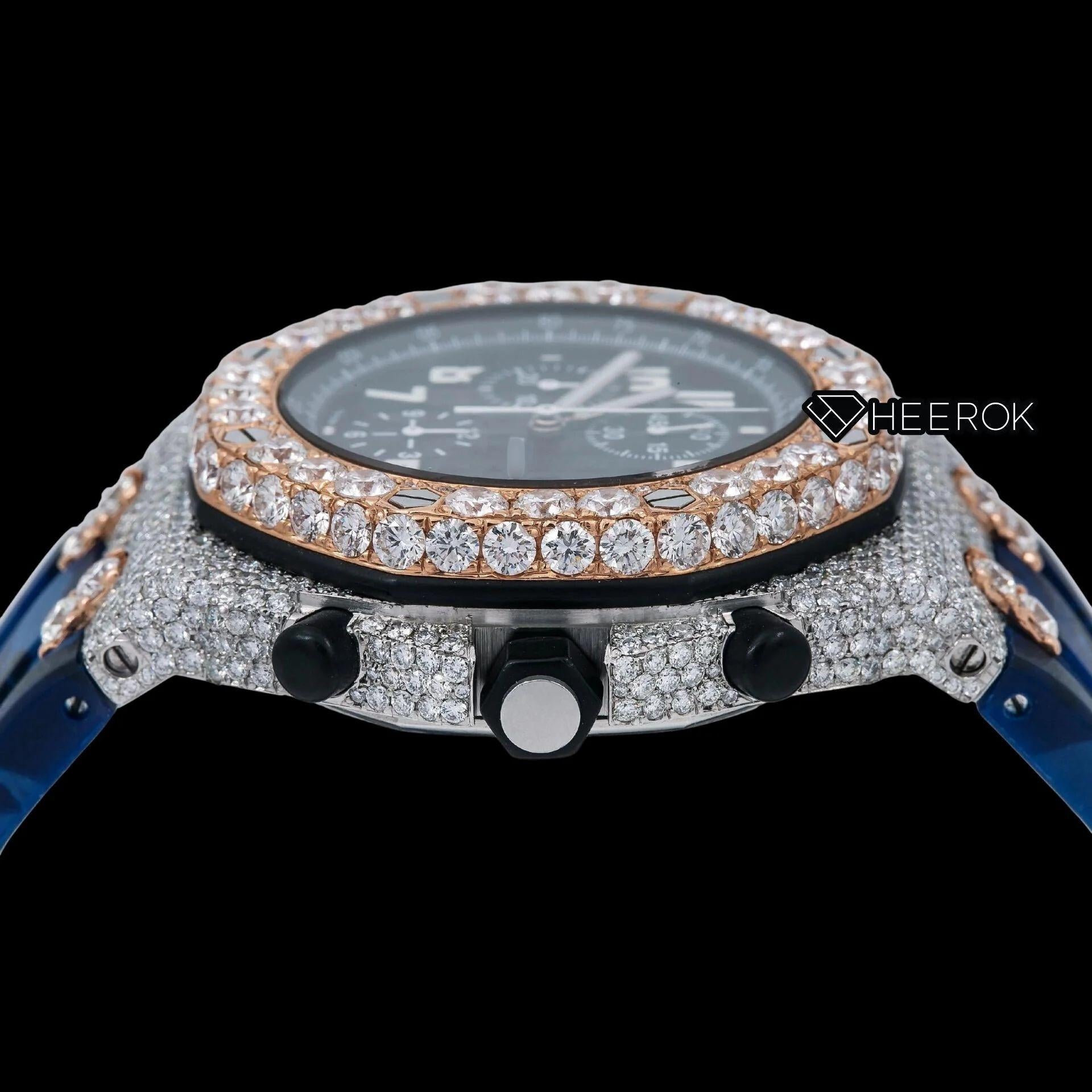 AP Royal Oak Offshore Chronograph Black Dial Standard Numerals Large Round Diamond Rose Gold Bezel Blue Camouflage Rubber Strap Semi Iced Out Moissanite Watch