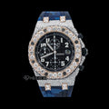 AP Royal Oak Offshore Chronograph Black Dial Standard Numerals Large Round Diamond Rose Gold Bezel Blue Camouflage Rubber Strap Semi Iced Out Moissanite Watch