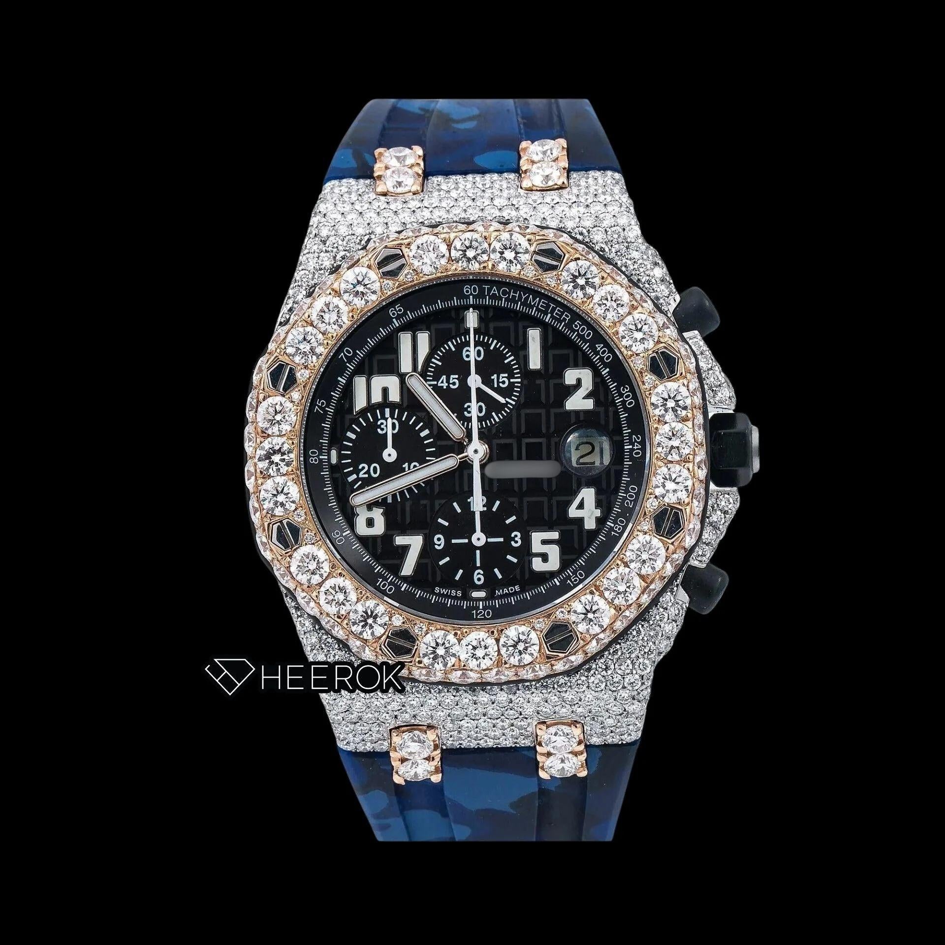 AP Royal Oak Offshore Chronograph Black Dial Standard Numerals Large Round Diamond Rose Gold Bezel Blue Camouflage Rubber Strap Semi Iced Out Moissanite Watch