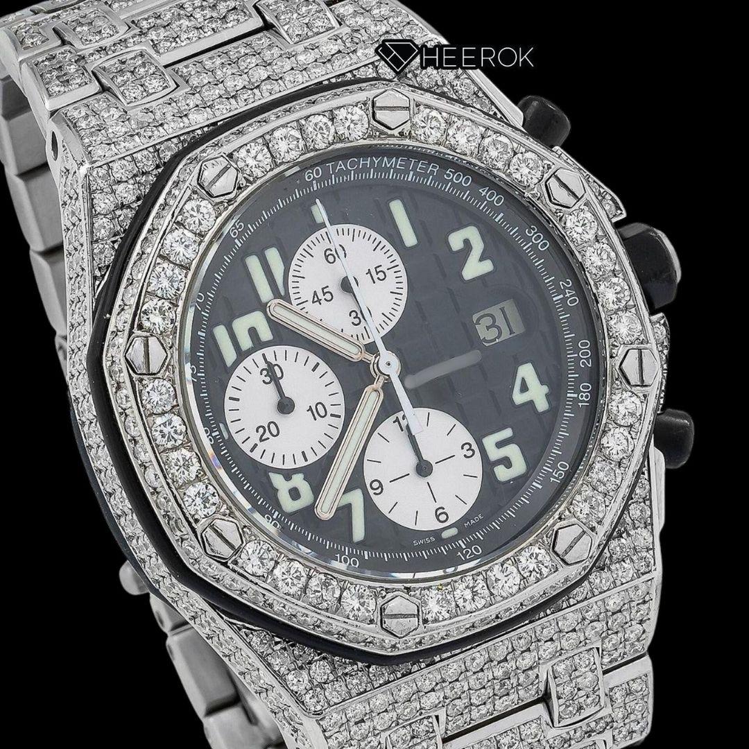 AP Royal Oak Offshore Chronograph Black Dial White Standard Numerals Diamond Bezel Fully Iced Out Moissanite Watch