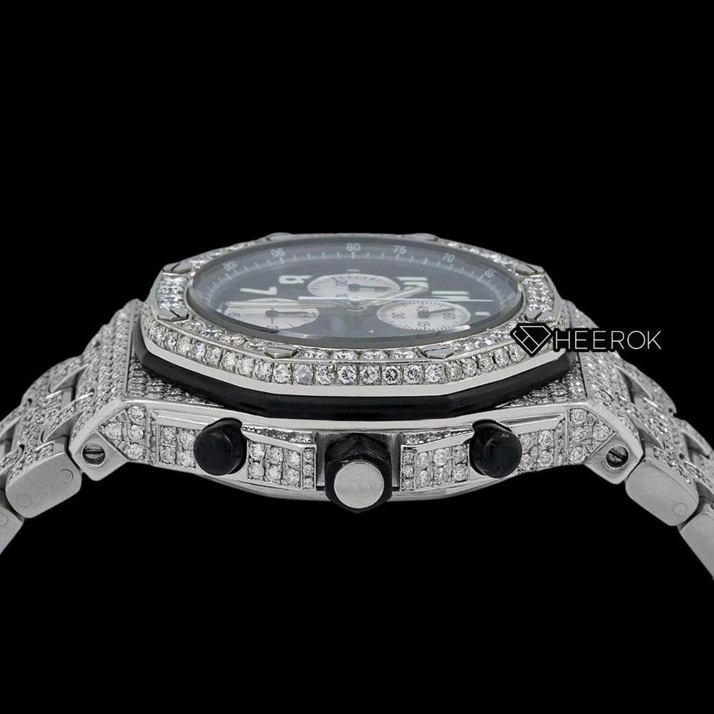 AP Royal Oak Offshore Chronograph Black Dial White Standard Numerals Diamond Bezel Fully Iced Out Moissanite Watch
