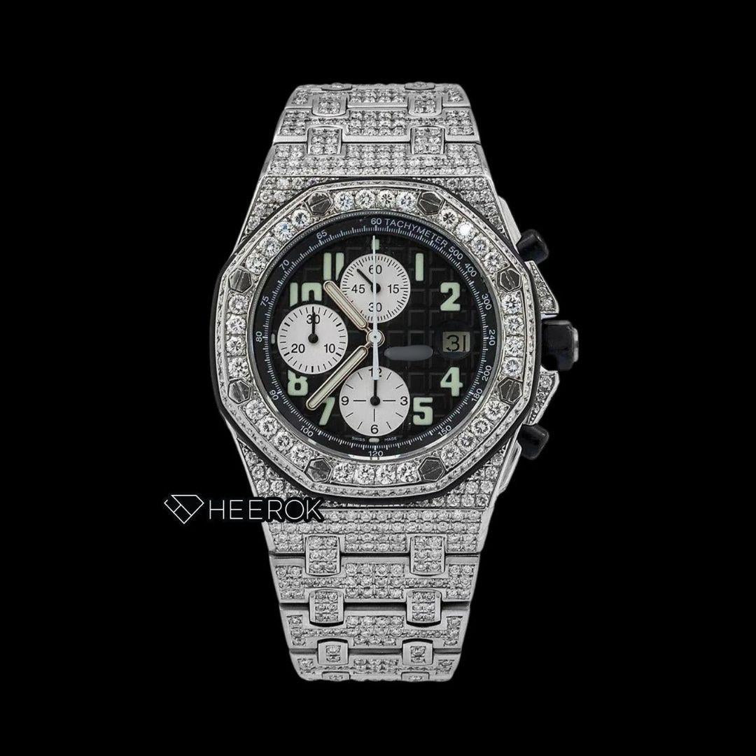 AP Royal Oak Offshore Chronograph Black Dial White Standard Numerals Diamond Bezel Fully Iced Out Moissanite Watch
