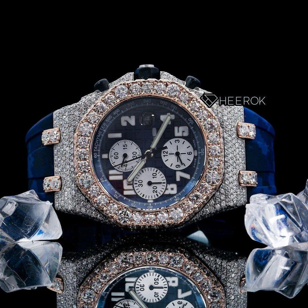AP Royal Oak Offshore Chronograph Blue Dial Standard Numerals Rose Gold Large Round Diamond Bezel Blue Rubber Strap Semi Iced Out Moissanite Watch