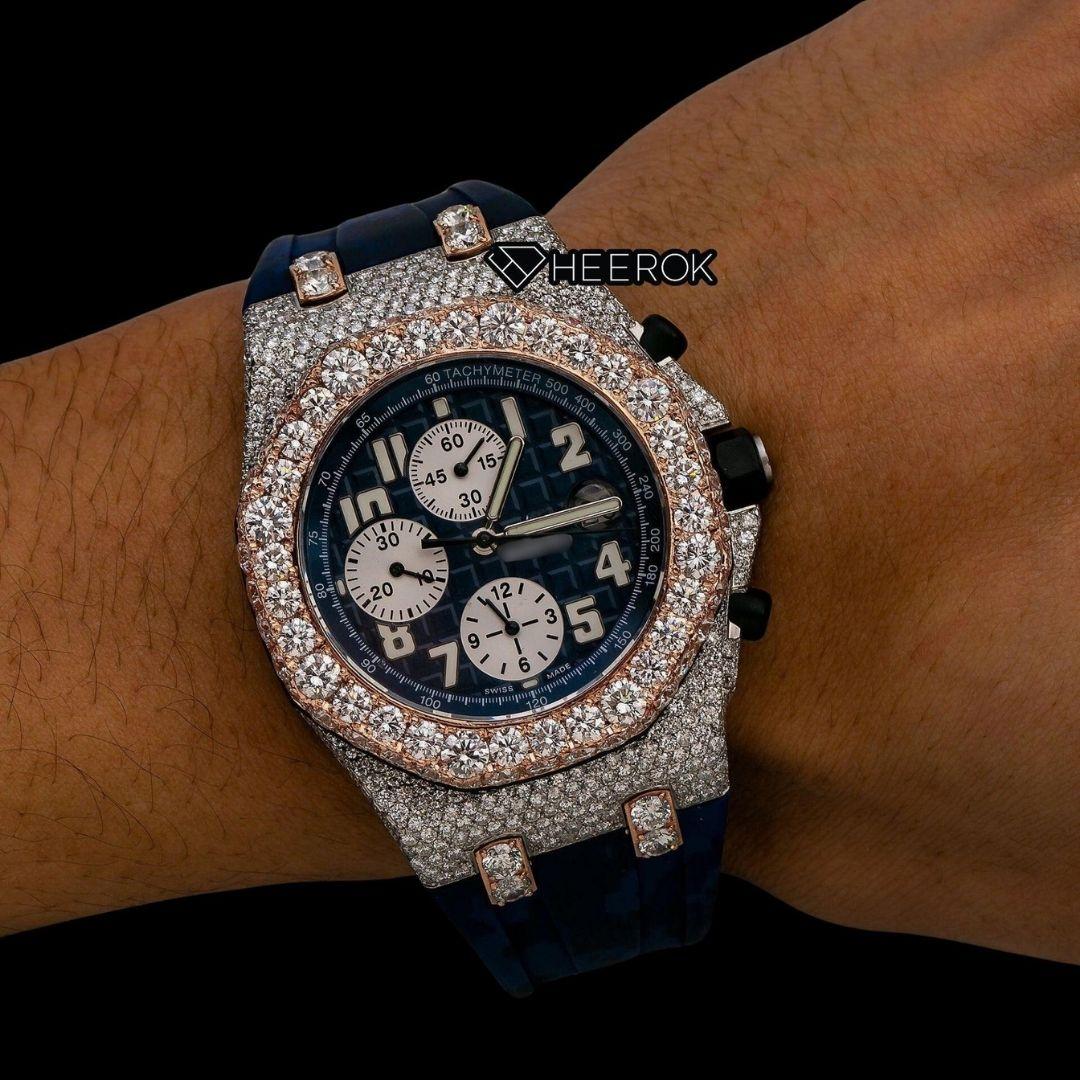 AP Royal Oak Offshore Chronograph Blue Dial Standard Numerals Rose Gold Large Round Diamond Bezel Blue Rubber Strap Semi Iced Out Moissanite Watch