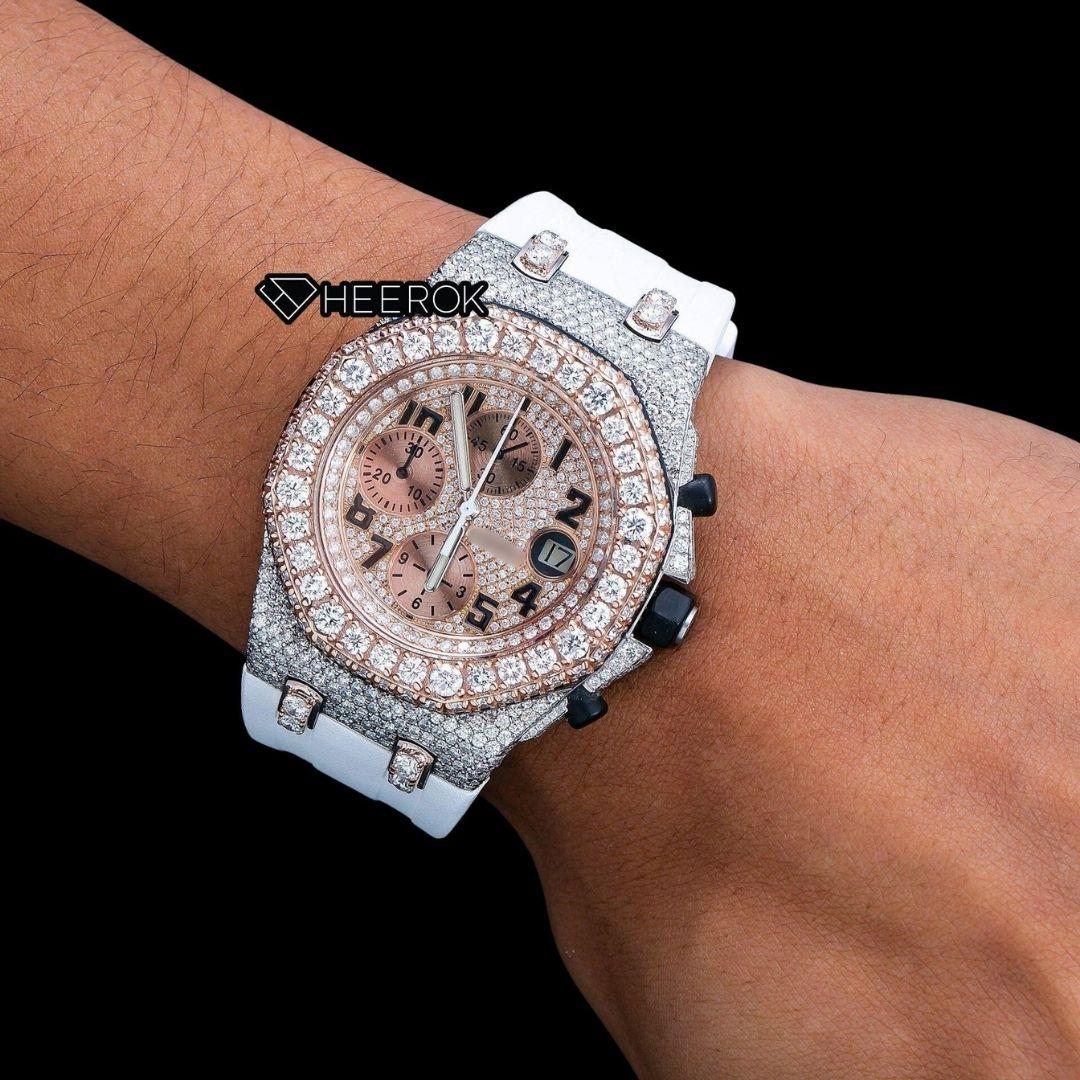 AP Royal Oak Offshore Chronograph Diamond Dial Black Standard Numerals Rose Gold Large Round Diamond Bezel White Rubber Strap Semi Iced Out Moissanite Watch