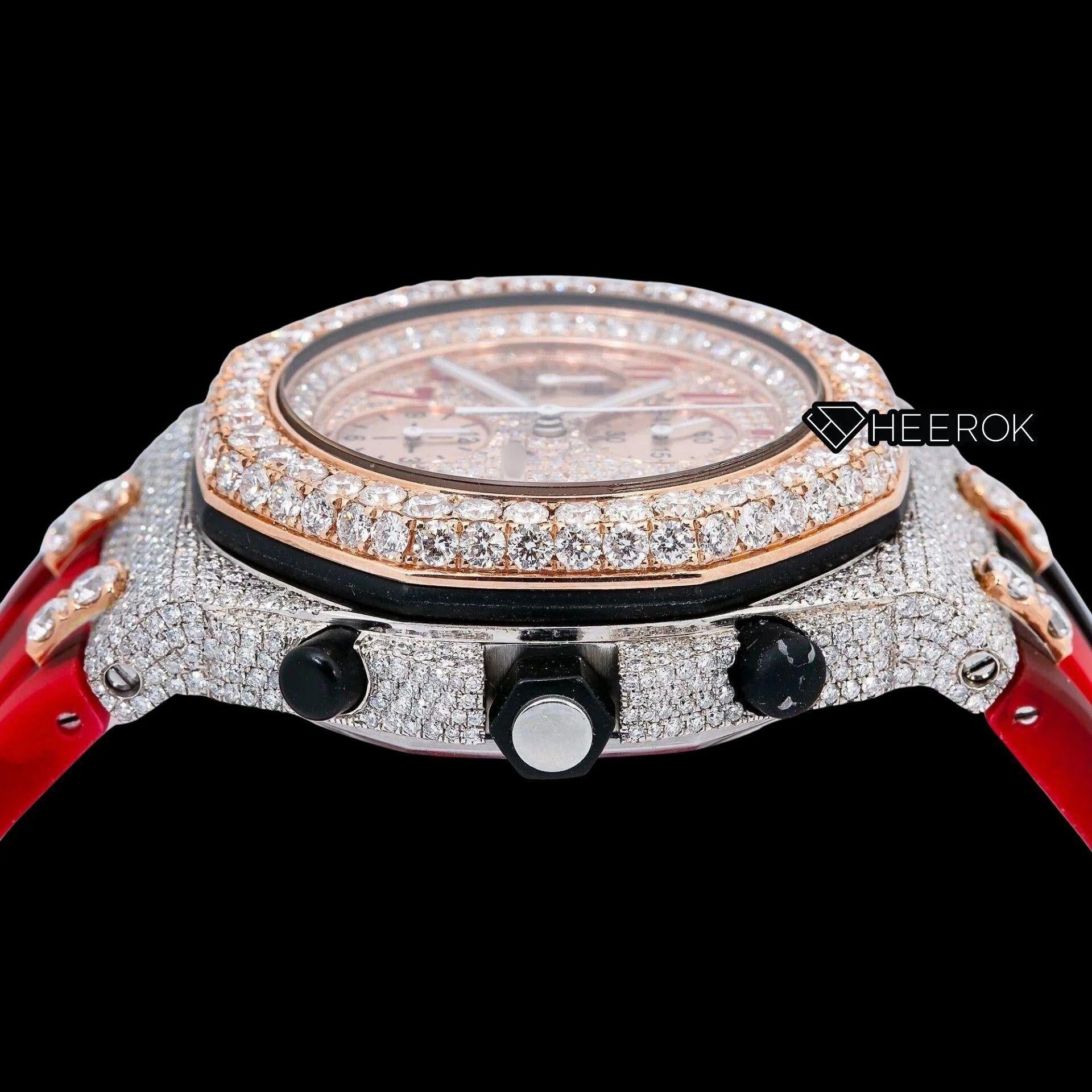 AP Royal Oak Offshore Chronograph Diamond Dial Standard Numerals Large Round Diamond Rose Gold Bezel Red Black Camouflage Rubber Strap Semi Iced Out Moissanite Watch