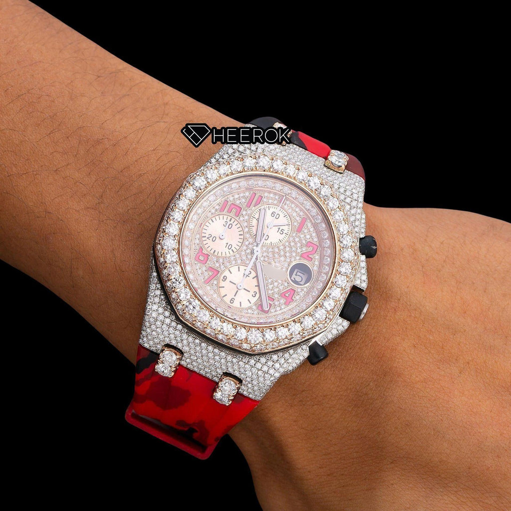 AP Royal Oak Offshore Chronograph Diamond Dial Standard Numerals Large Round Diamond Rose Gold Bezel Red Black Camouflage Rubber Strap Semi Iced Out Moissanite Watch