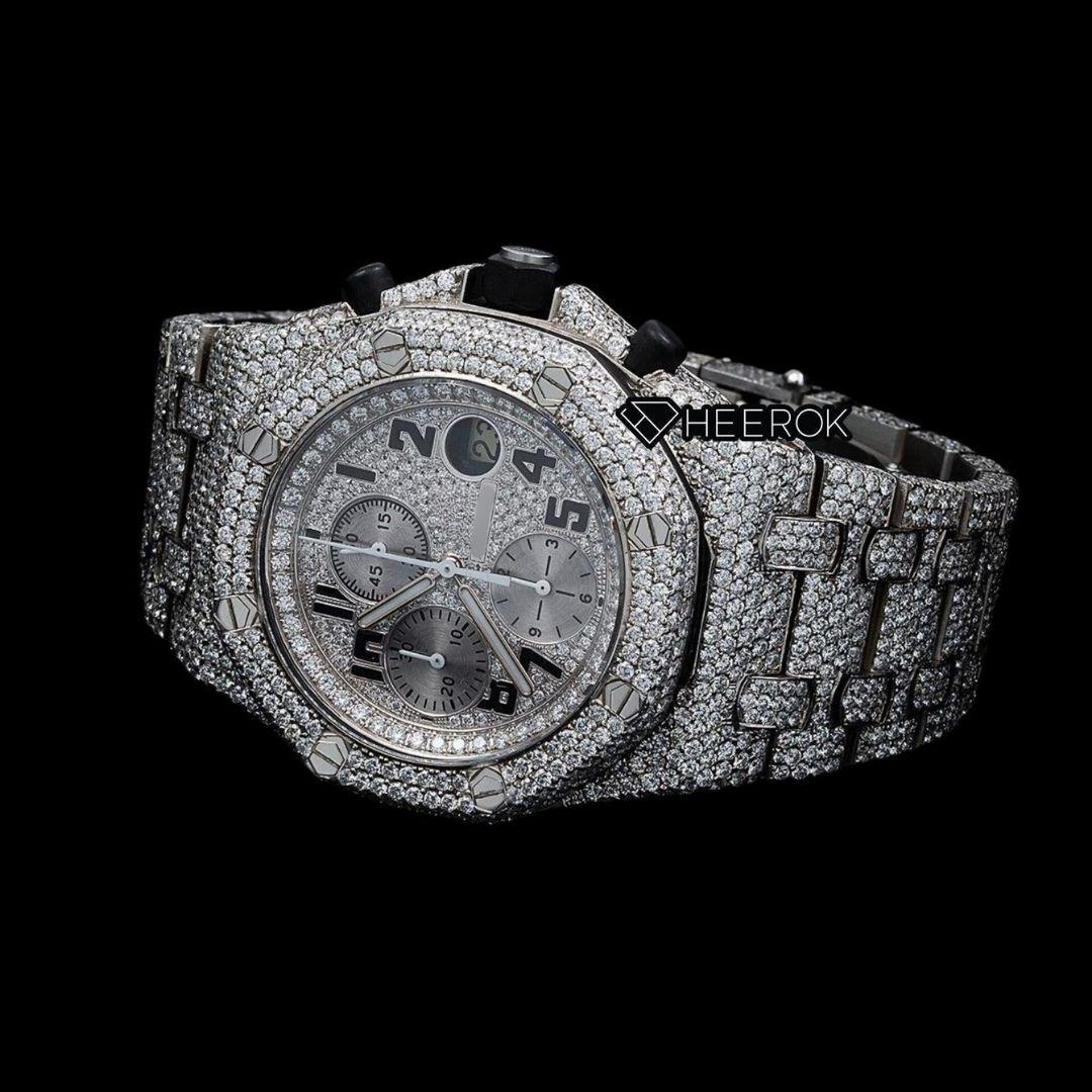 AP Royal Oak Offshore Chronograph Full Pave Diamond Dial Black Standard Numerals Diamond Bezel Fully Iced Out Moissanite Watch