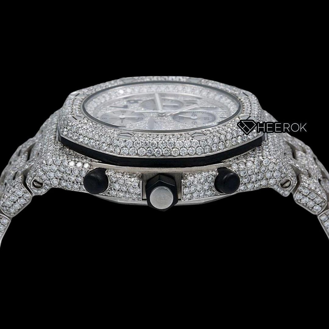 AP Royal Oak Offshore Chronograph Full Pave Diamond Dial Black Standard Numerals Diamond Bezel Fully Iced Out Moissanite Watch