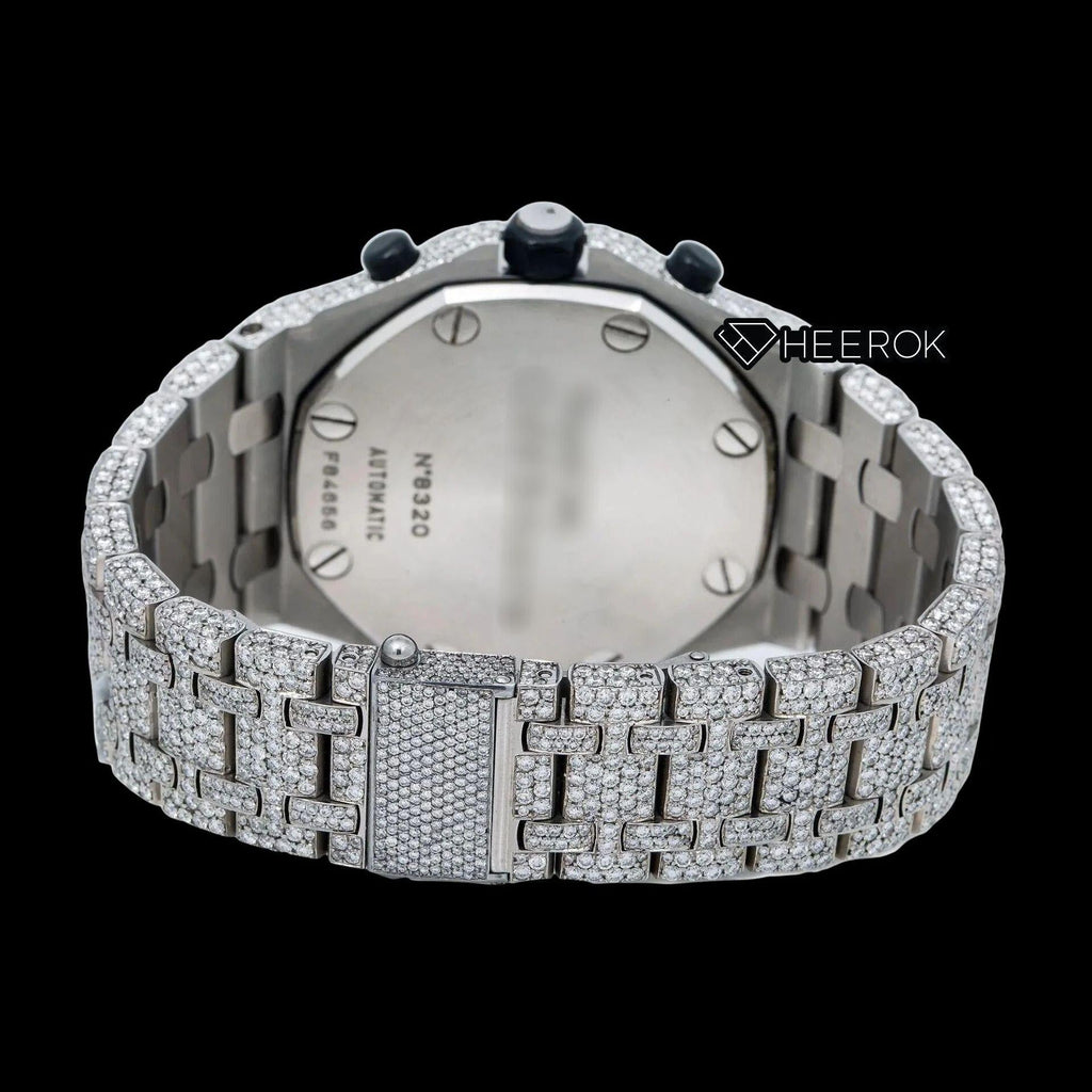 AP Royal Oak Offshore Chronograph Grey Dial White Standard Numerals Diamond Bezel Fully Iced Out Moissanite Watch