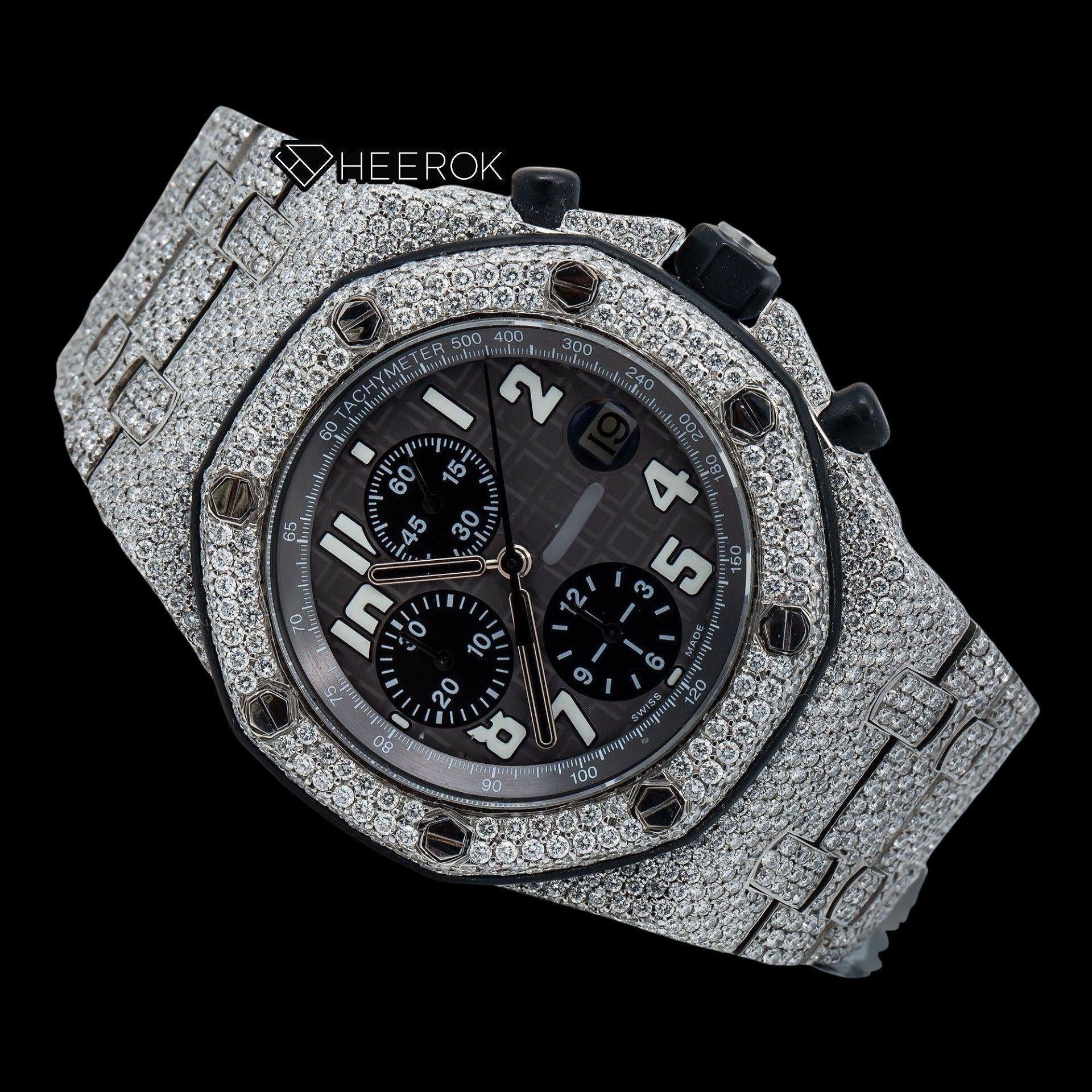 AP Royal Oak Offshore Chronograph Grey Dial White Standard Numerals Diamond Bezel Fully Iced Out Moissanite Watch