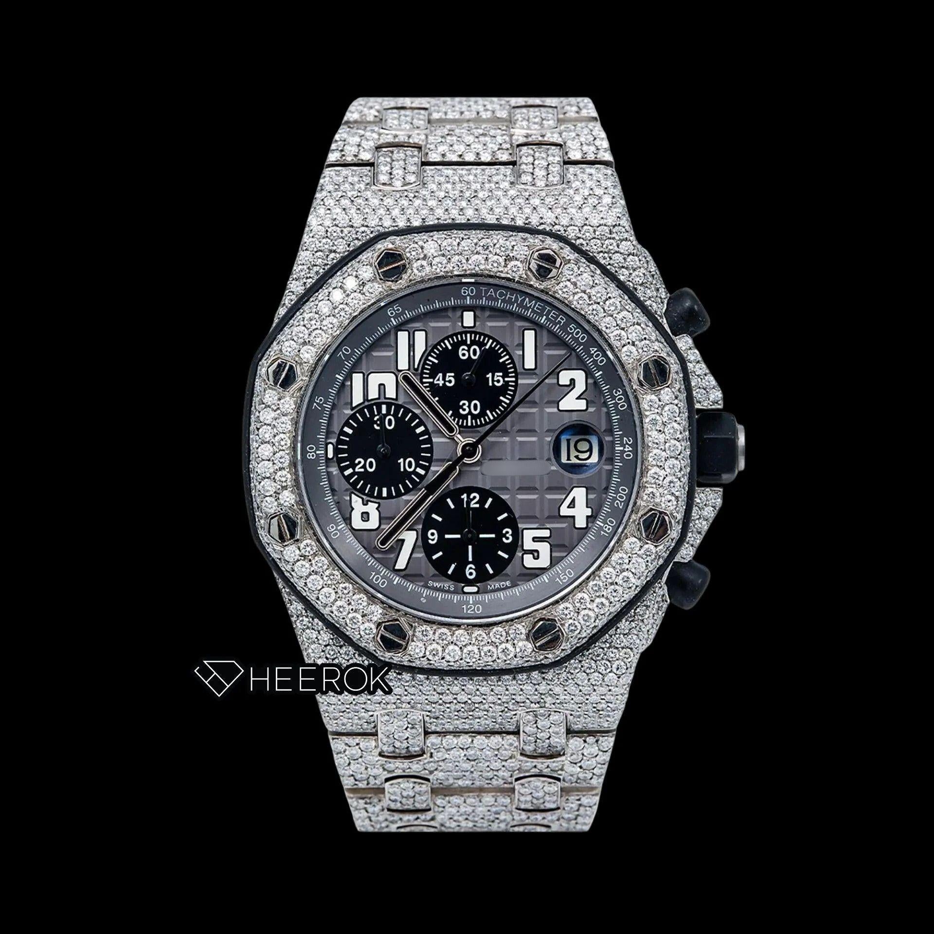 AP Royal Oak Offshore Chronograph Grey Dial White Standard Numerals Diamond Bezel Fully Iced Out Moissanite Watch
