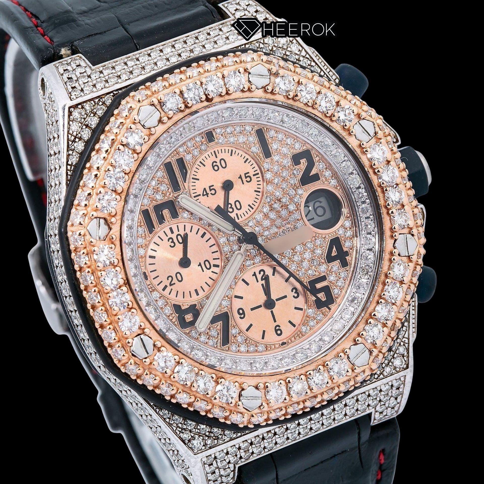 AP Royal Oak Offshore Chronograph Pave Diamond Dial Black Standard Numerals Rose Gold Diamond Bezel Black Leather Strap Semi Iced Out Moissanite Watch