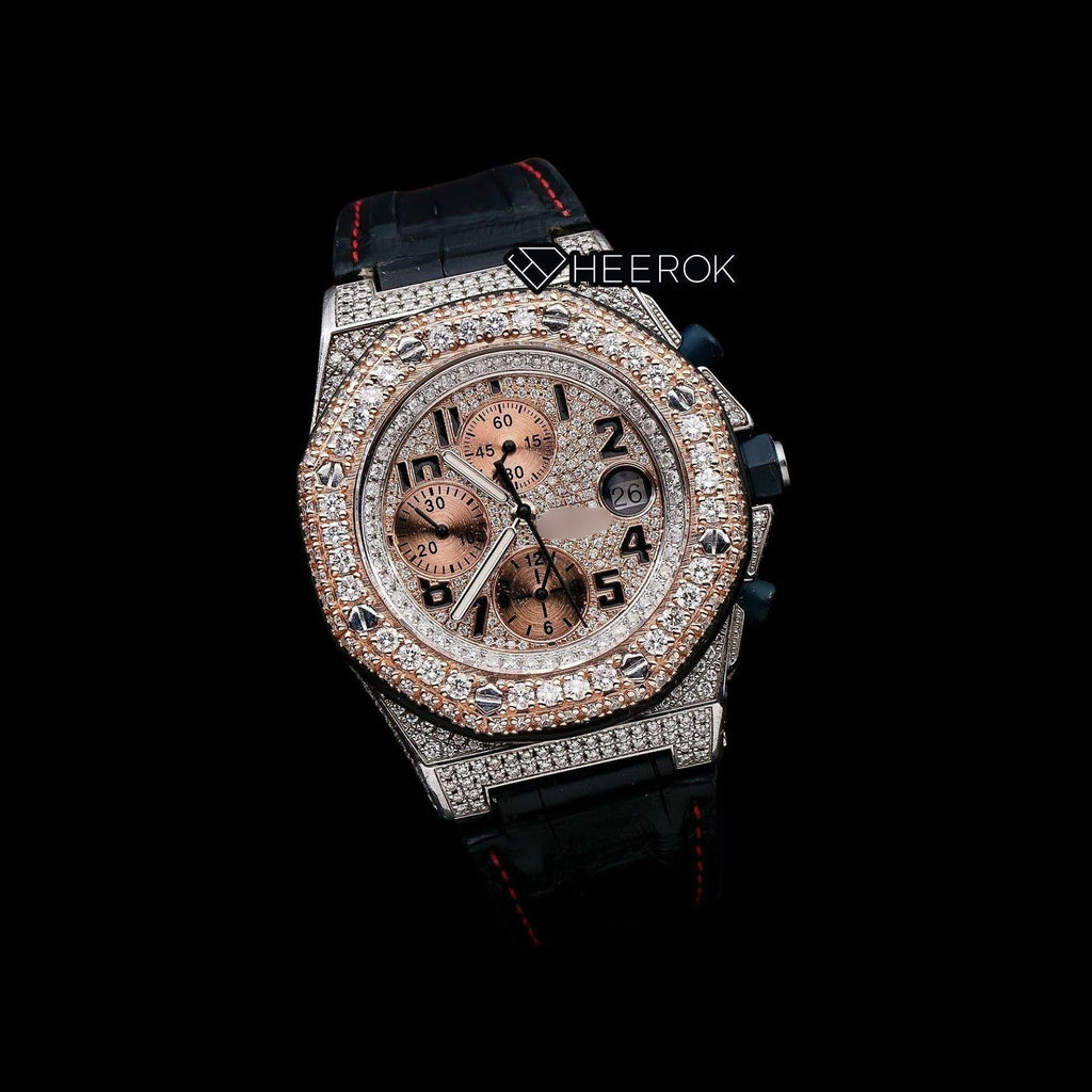 AP Royal Oak Offshore Chronograph Pave Diamond Dial Black Standard Numerals Rose Gold Diamond Bezel Black Leather Strap Semi Iced Out Moissanite Watch