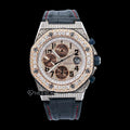 AP Royal Oak Offshore Chronograph Pave Diamond Dial Black Standard Numerals Rose Gold Diamond Bezel Black Leather Strap Semi Iced Out Moissanite Watch