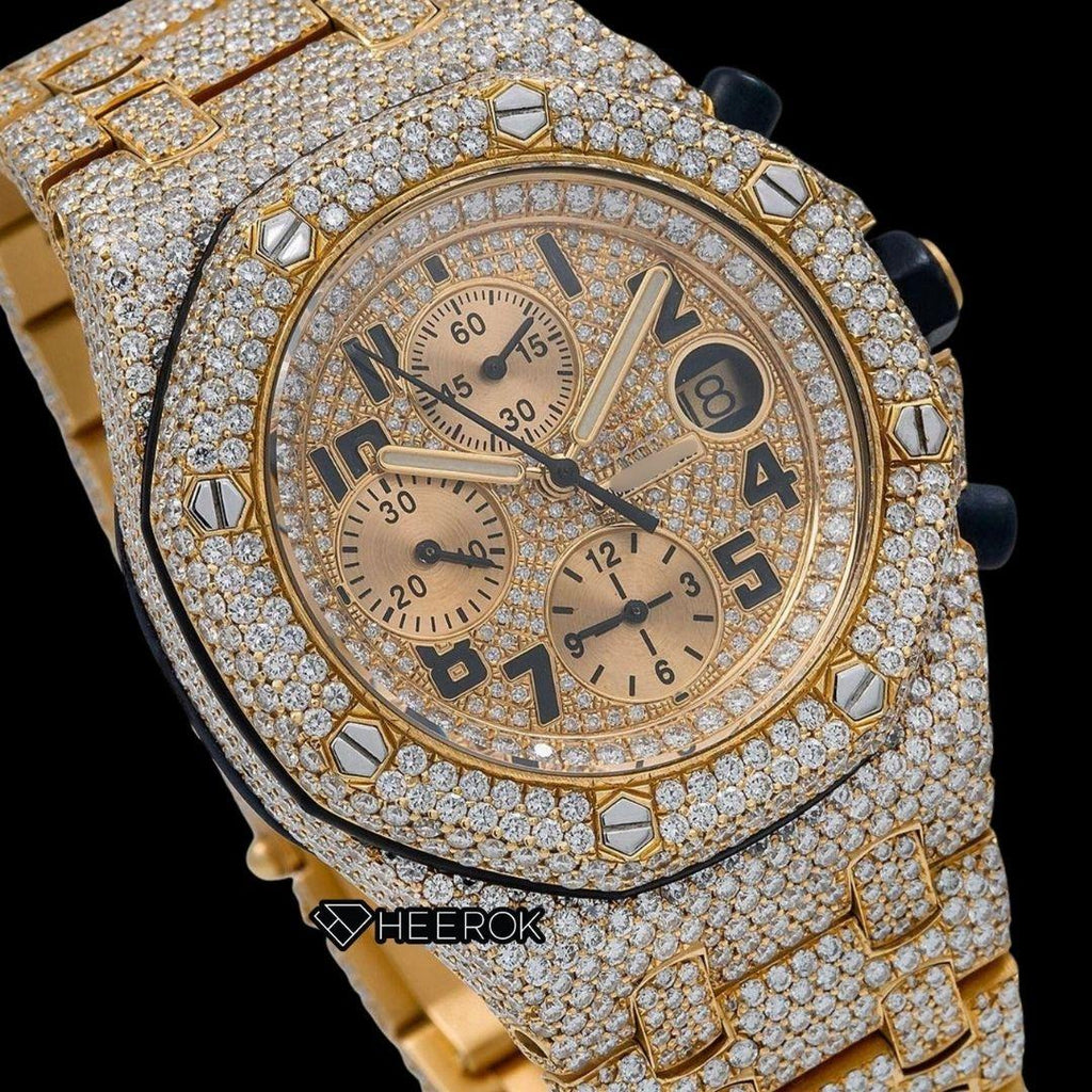 AP Royal Oak Offshore Chronograph Pave Diamond Dial Black Standard Numerals Yellow Gold Diamond Bezel Fully Iced Out Yellow Gold Moissanite Watch