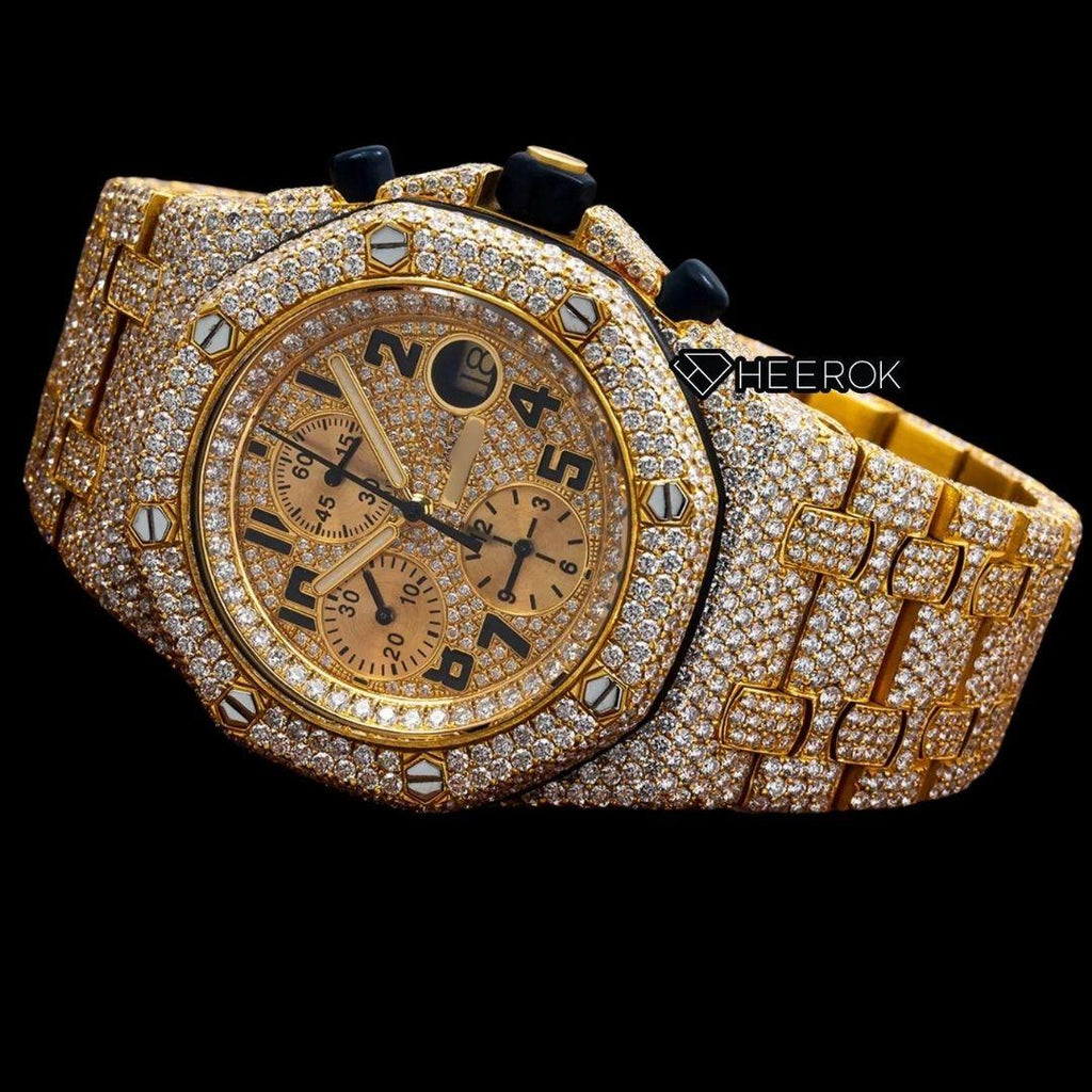 AP Royal Oak Offshore Chronograph Pave Diamond Dial Black Standard Numerals Yellow Gold Diamond Bezel Fully Iced Out Yellow Gold Moissanite Watch