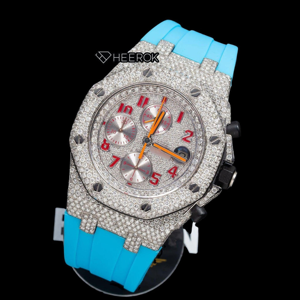AP Royal Oak Offshore Chronograph Pave Diamond Dial Red Standard Numerals Blue Rubber Strap Semi Iced Out Moissanite Watch