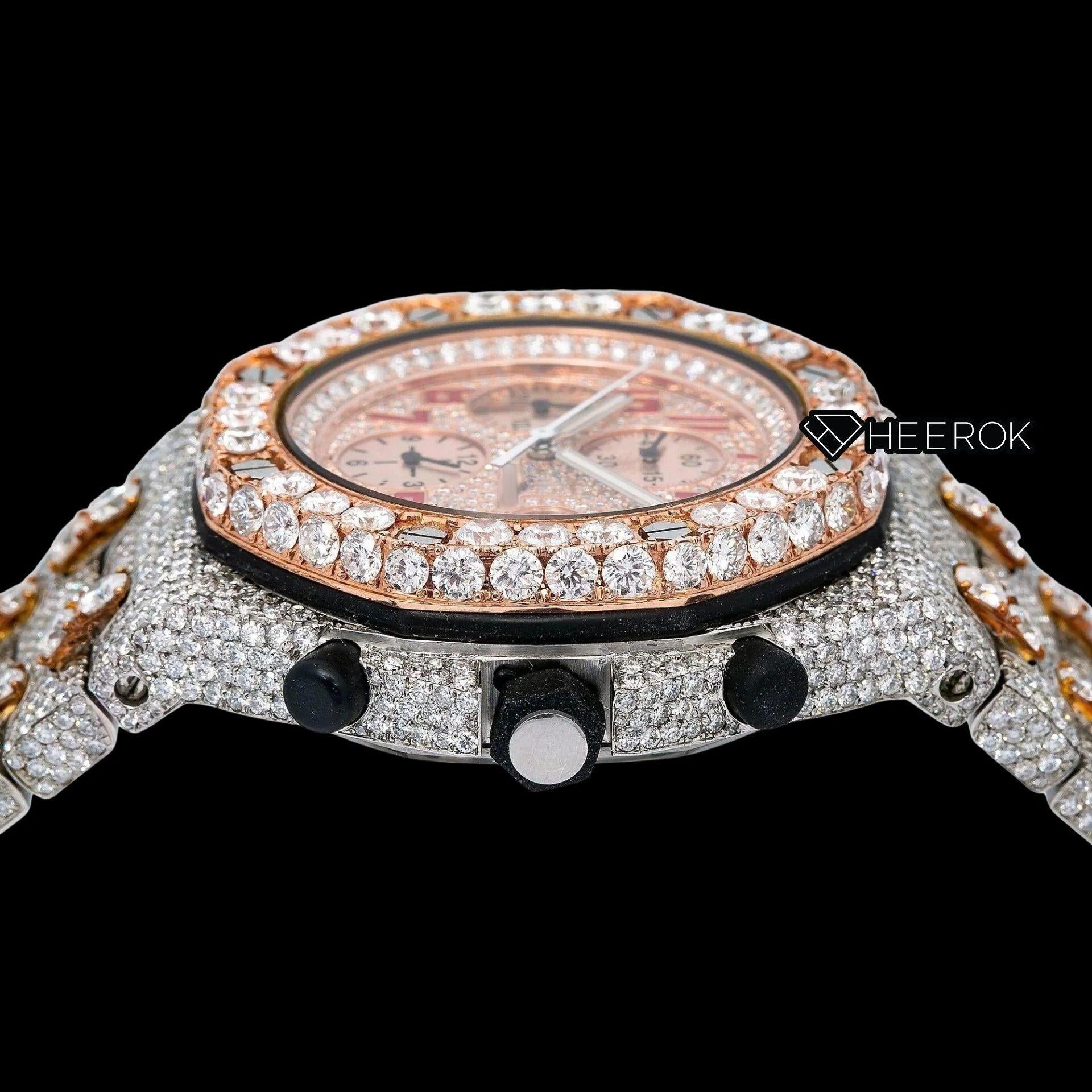 AP Royal Oak Offshore Chronograph Rose Gold Dial Red Standard Numerals Diamond Bezel Fully Iced Two Tone Rose Gold Moissanite Diamond Watch