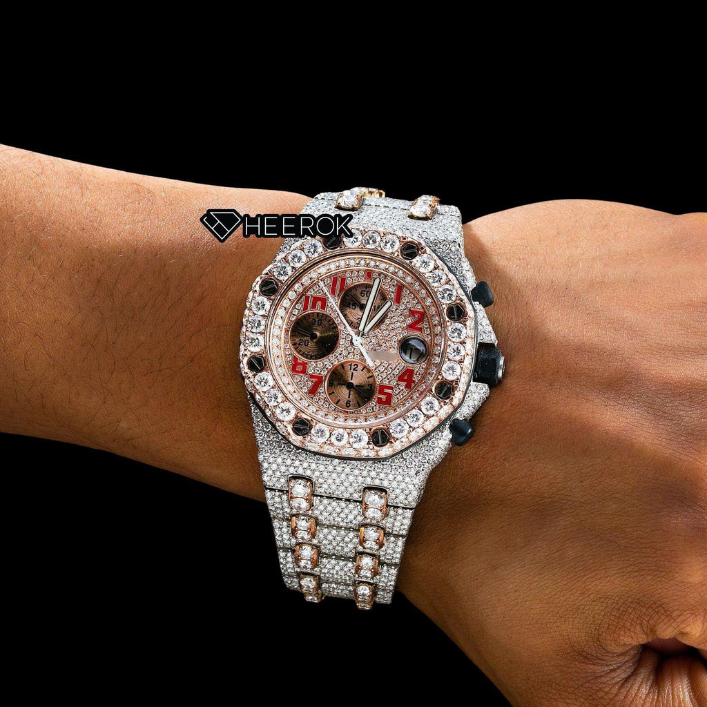 AP Royal Oak Offshore Chronograph Rose Gold Dial Red Standard Numerals Diamond Bezel Fully Iced Two Tone Rose Gold Moissanite Diamond Watch
