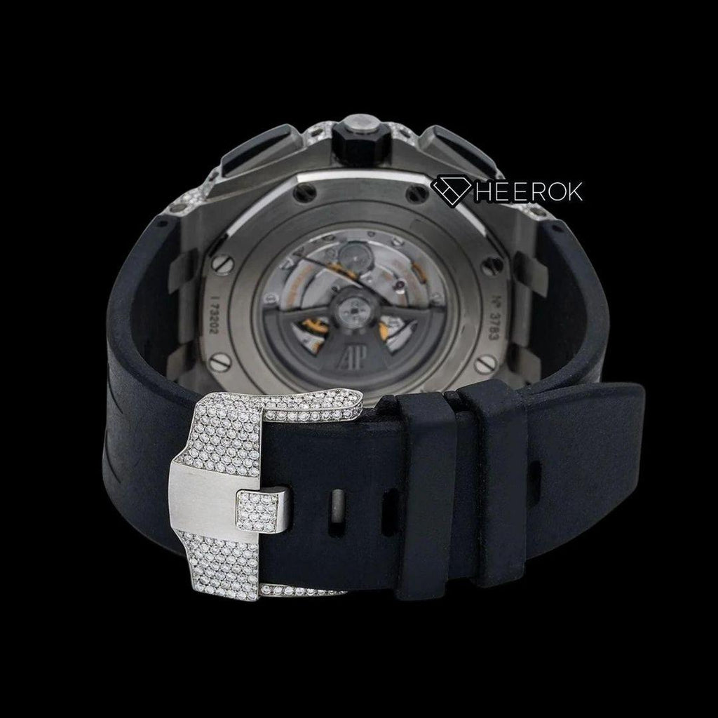 AP Royal Oak Offshore Chronograph Stick Markers Pave Diamond Dial Diamond Bezel Black Rubber Strap Semi Iced Out Moissanite Watch