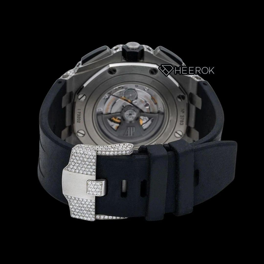 AP Royal Oak Offshore Chronograph Stick Markers Pave Diamond Dial Diamond Bezel Black Rubber Strap Semi Iced Out Moissanite Watch