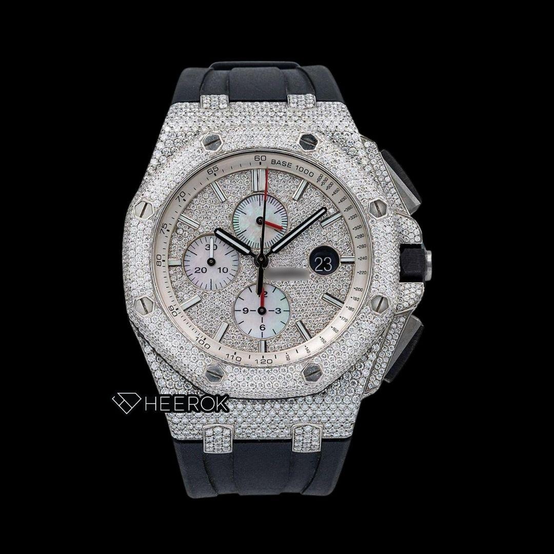 AP Royal Oak Offshore Chronograph Stick Markers Pave Diamond Dial Diamond Bezel Black Rubber Strap Semi Iced Out Moissanite Watch