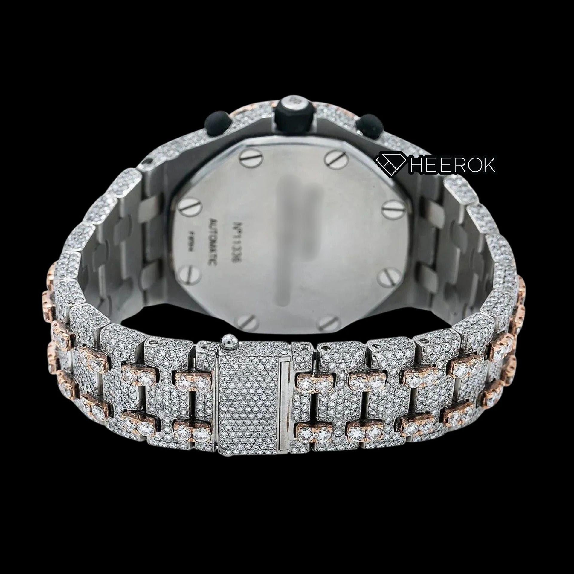 AP Royal Oak Offshore Chronograph White Dial Standard Numerals Large Round Diamond Bezel Rose Gold Two Tone Fully Iced Out Moissanite Watch