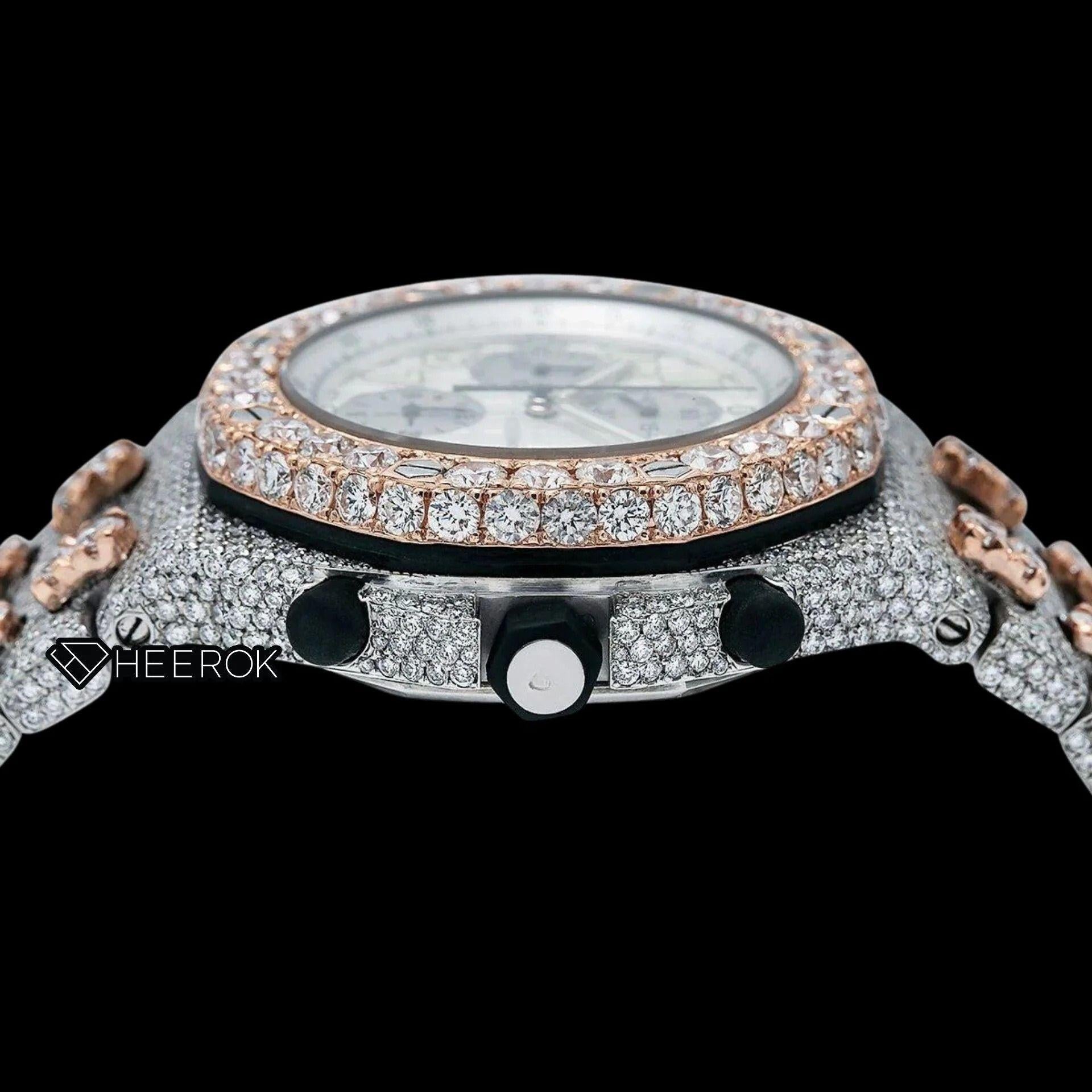 AP Royal Oak Offshore Chronograph White Dial Standard Numerals Large Round Diamond Bezel Rose Gold Two Tone Fully Iced Out Moissanite Watch