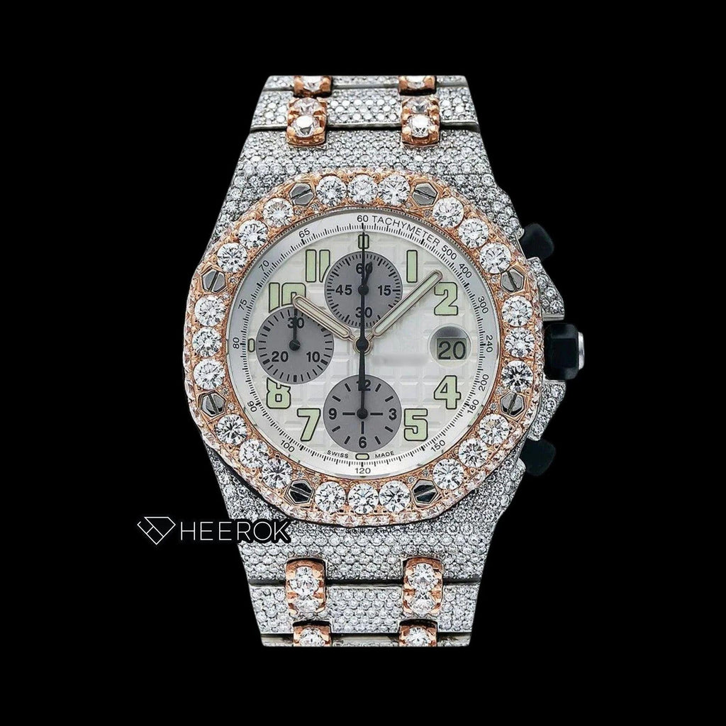 AP Royal Oak Offshore Chronograph White Dial Standard Numerals Large Round Diamond Bezel Rose Gold Two Tone Fully Iced Out Moissanite Watch
