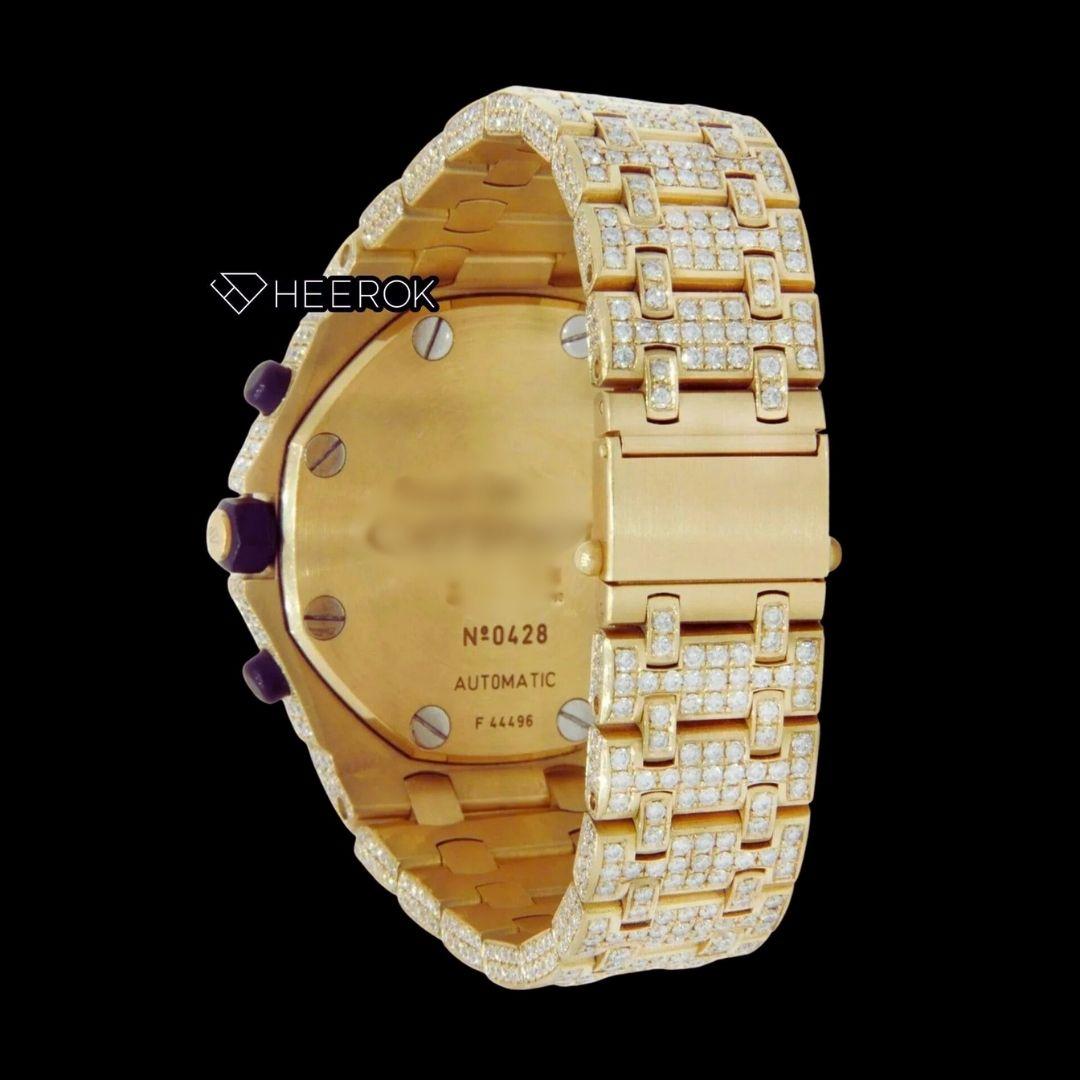 AP Royal Oak Offshore Chronograph Yellow Diamond Dial Standard Numerals Large Round Diamond Yellow Gold Bezel Fully Iced Out Moissanite Watch