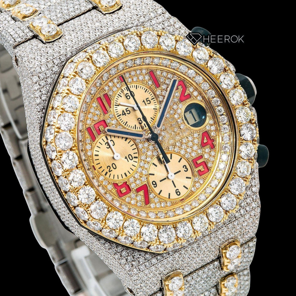 AP Royal Oak Offshore Chronograph Yellow Gold Dial Red Standard Numerals Large Round Diamond Bezel Two Tone Yellow Gold Fully Iced Moissanite Diamond Watch