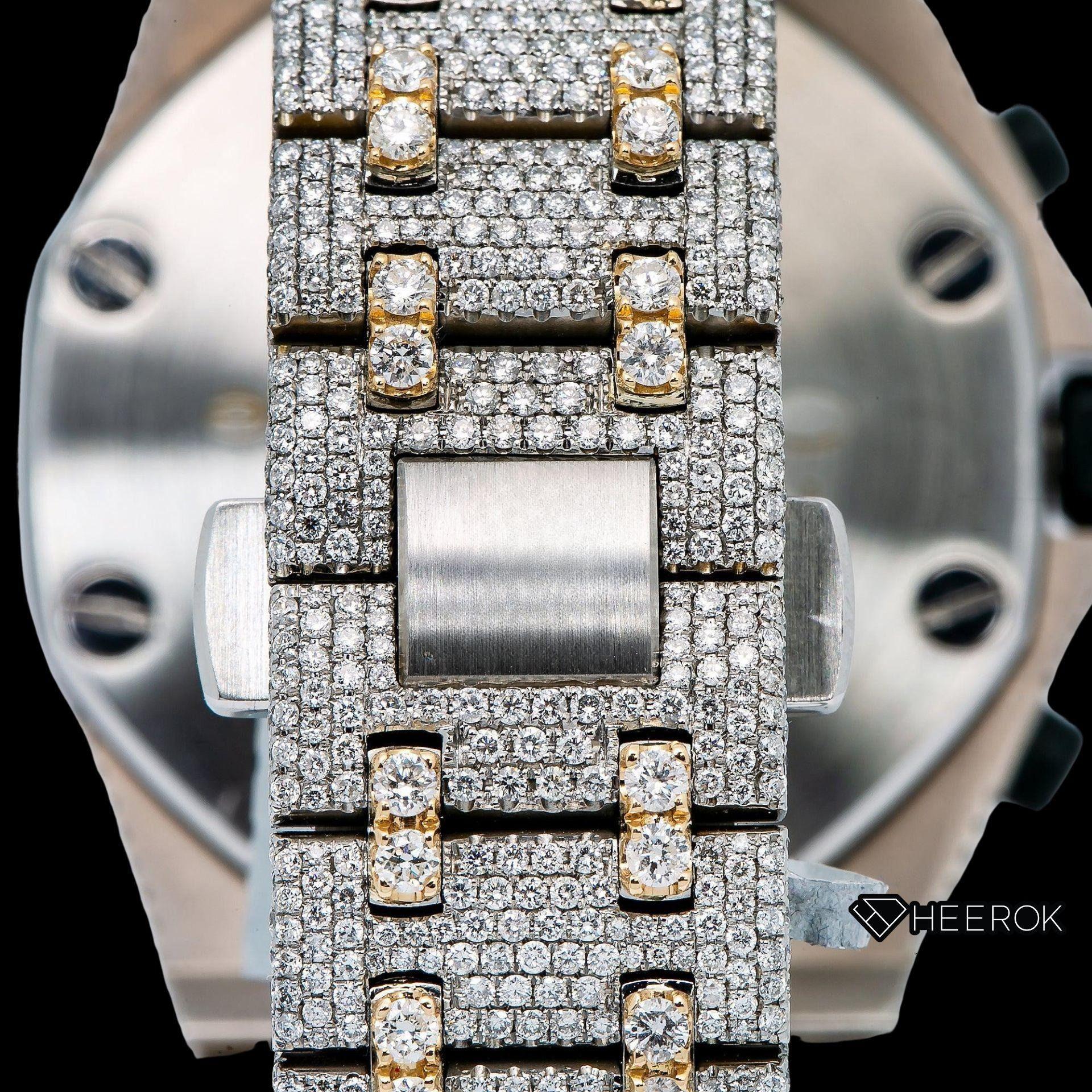 AP Royal Oak Offshore Chronograph Yellow Gold Dial Red Standard Numerals Large Round Diamond Bezel Two Tone Yellow Gold Fully Iced Moissanite Diamond Watch