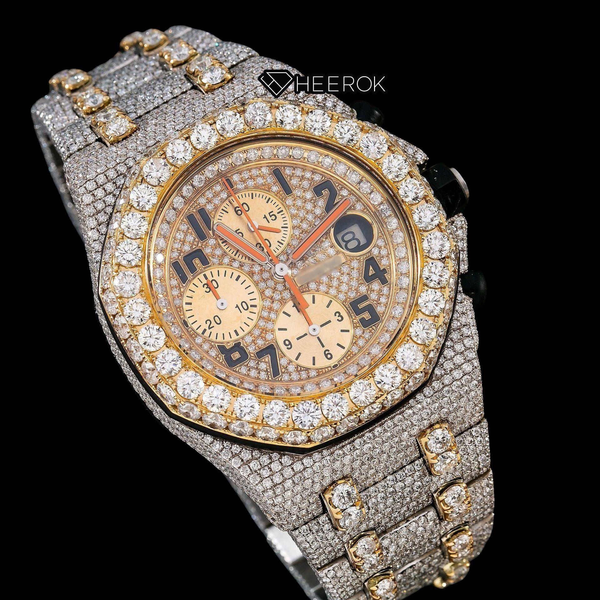 AP Royal Oak Offshore Chronograph Yellow Gold Dial Standard Numerals Large Round Diamond Bezel Two Tone Yellow Gold Moissanite Diamond Watch