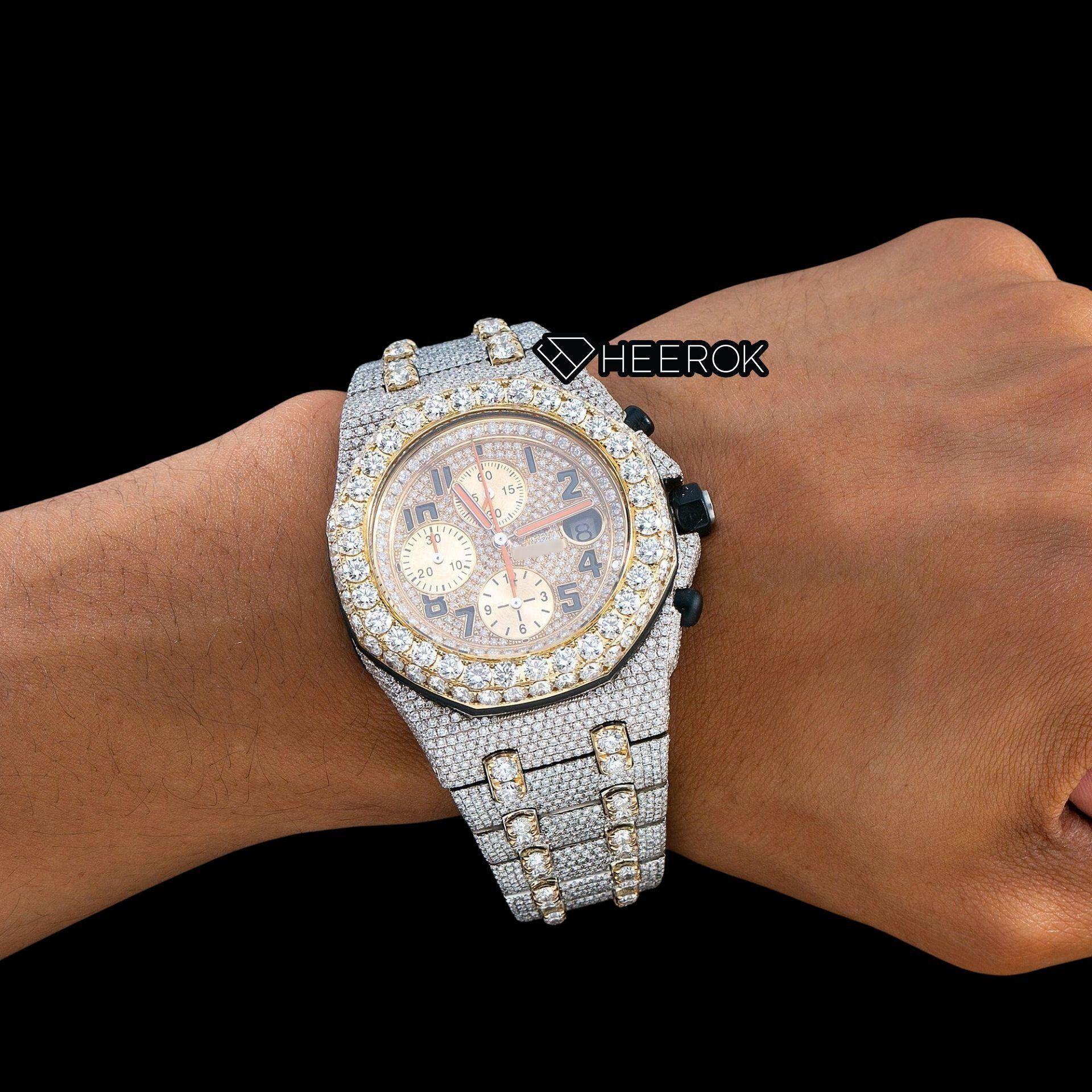 AP Royal Oak Offshore Chronograph Yellow Gold Dial Standard Numerals Large Round Diamond Bezel Two Tone Yellow Gold Moissanite Diamond Watch