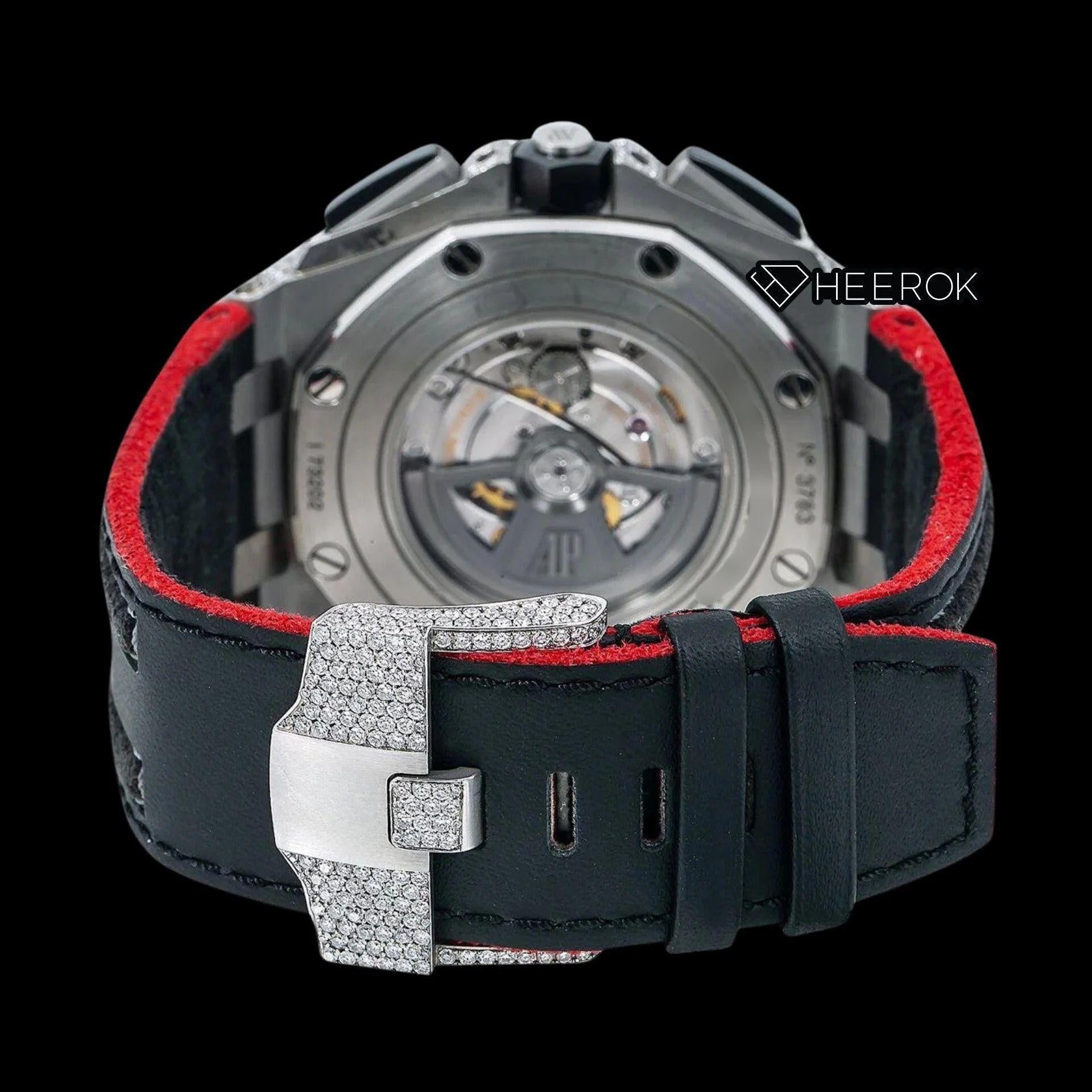 AP Royal Oak Offshore Full Pave Chronograph Diamond Dial Stick Markers Diamond Bezel Black Leather Strap Semi Iced Out Moissanite Watch
