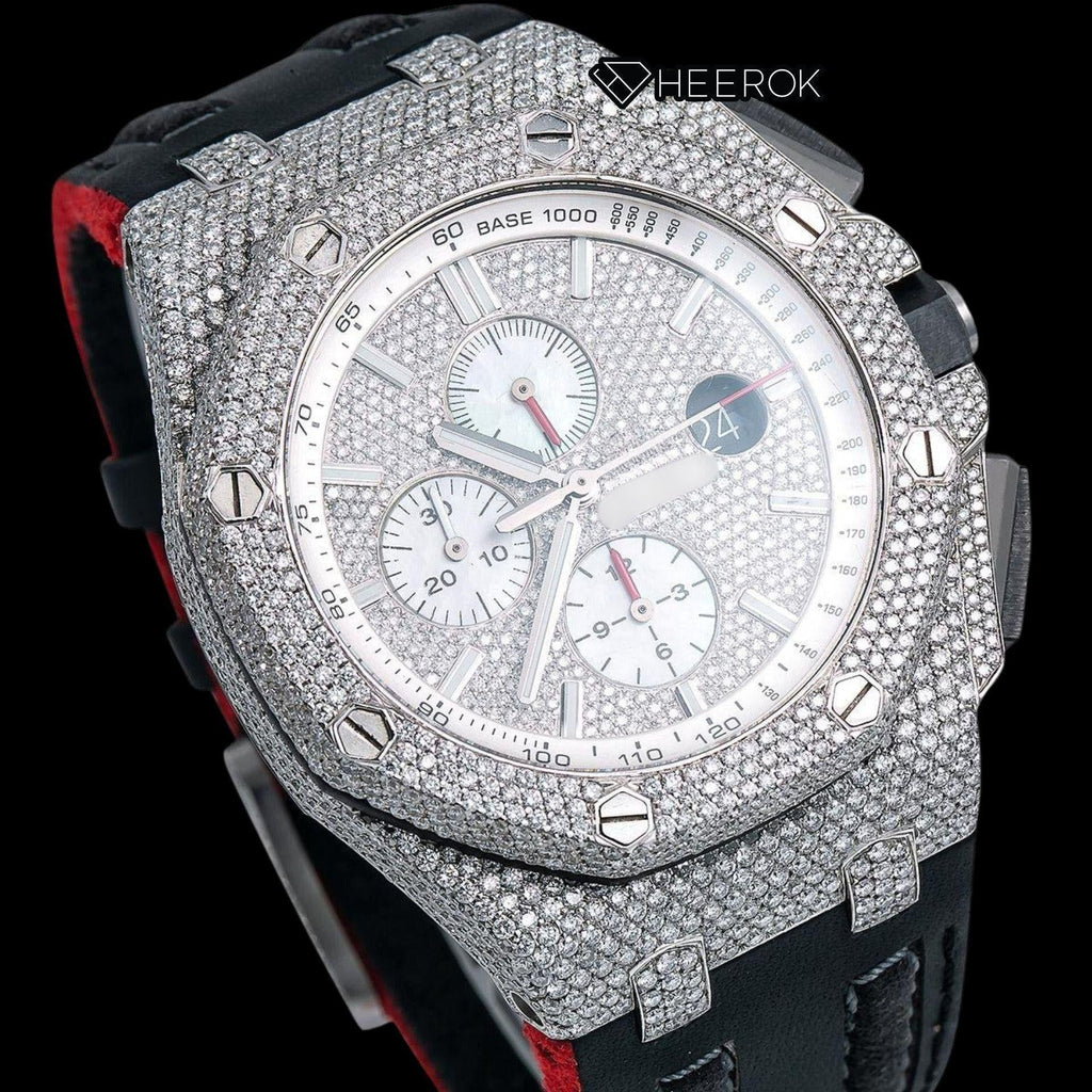 AP Royal Oak Offshore Full Pave Chronograph Diamond Dial Stick Markers Diamond Bezel Black Leather Strap Semi Iced Out Moissanite Watch