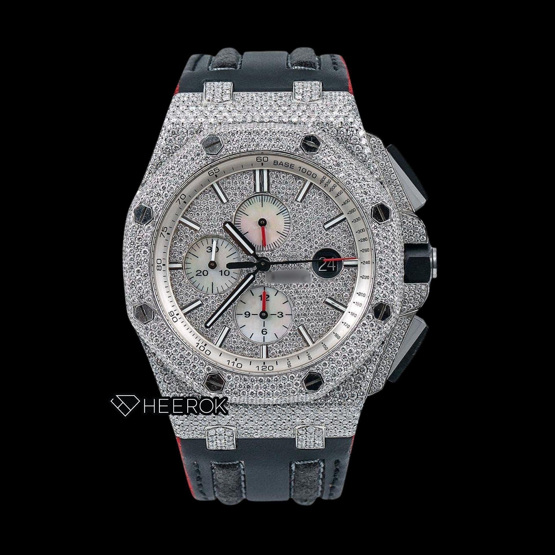 AP Royal Oak Offshore Full Pave Chronograph Diamond Dial Stick Markers Diamond Bezel Black Leather Strap Semi Iced Out Moissanite Watch