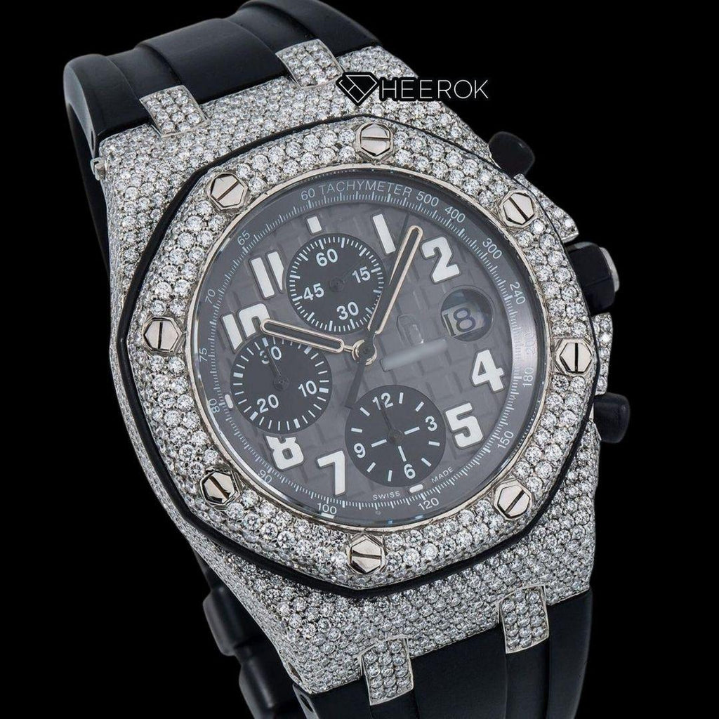 AP Royal Oak Offshore Standard Numerals Chronograph Black Dial Diamond Bezel Black Rubber Strap Semi Iced Out Moissanite Watch