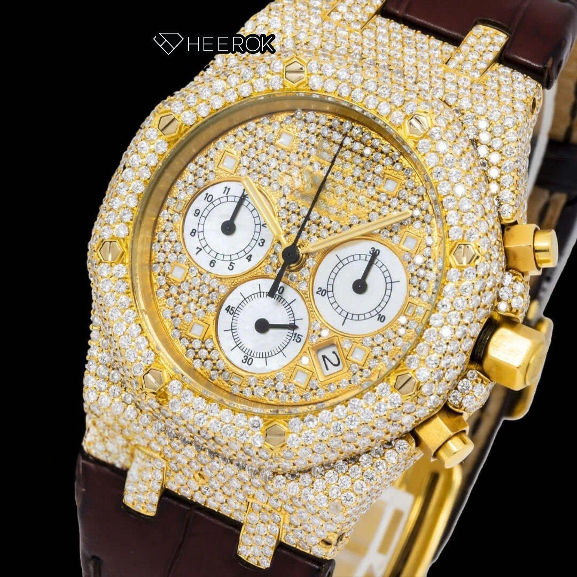 AP Royal Oak Offshore Yellow Dial Square Shape Markers Diamond Bezel Yellow Gold Moissanite Diamond Brown  Leather Strap