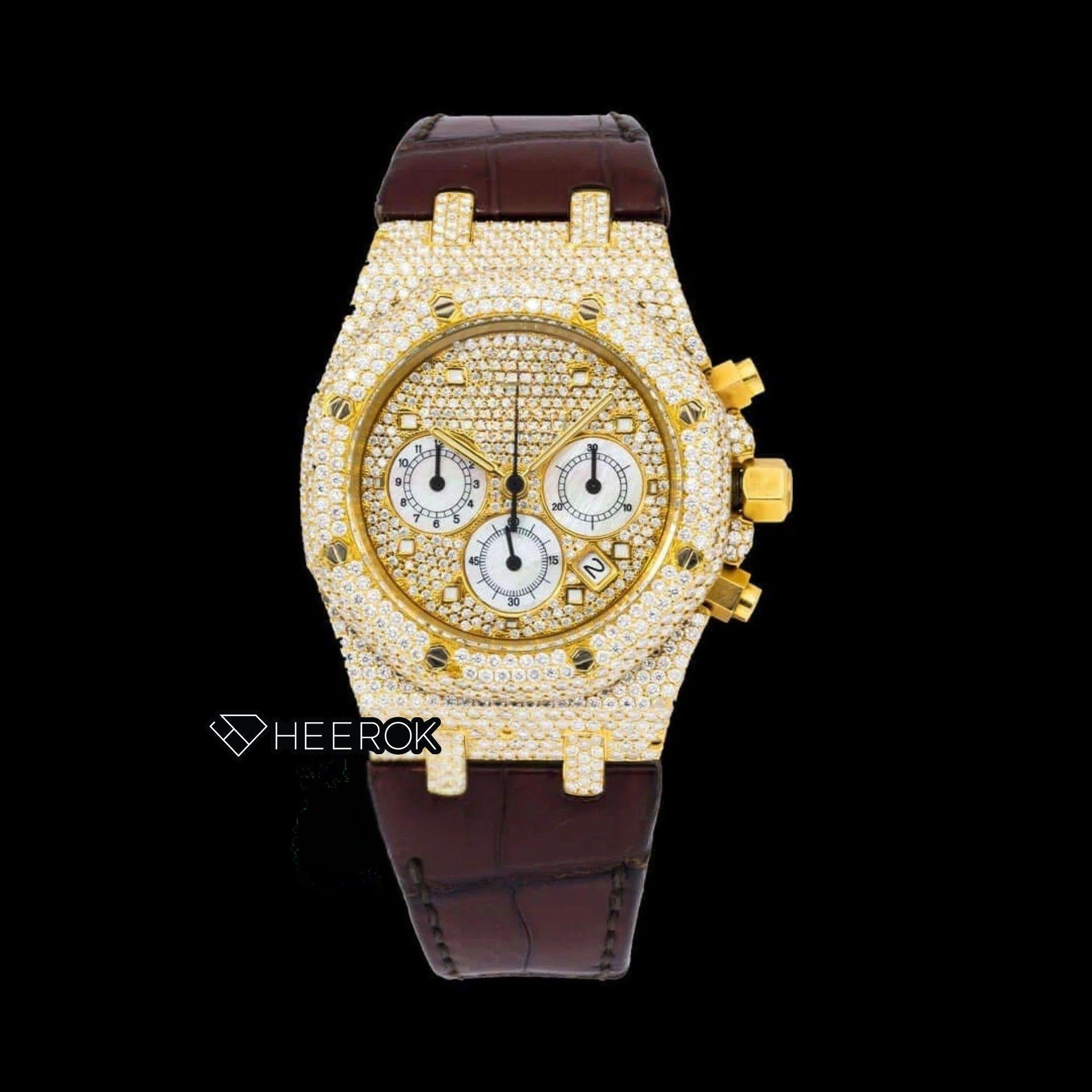 AP Royal Oak Offshore Yellow Dial Square Shape Markers Diamond Bezel Yellow Gold Moissanite Diamond Brown  Leather Strap