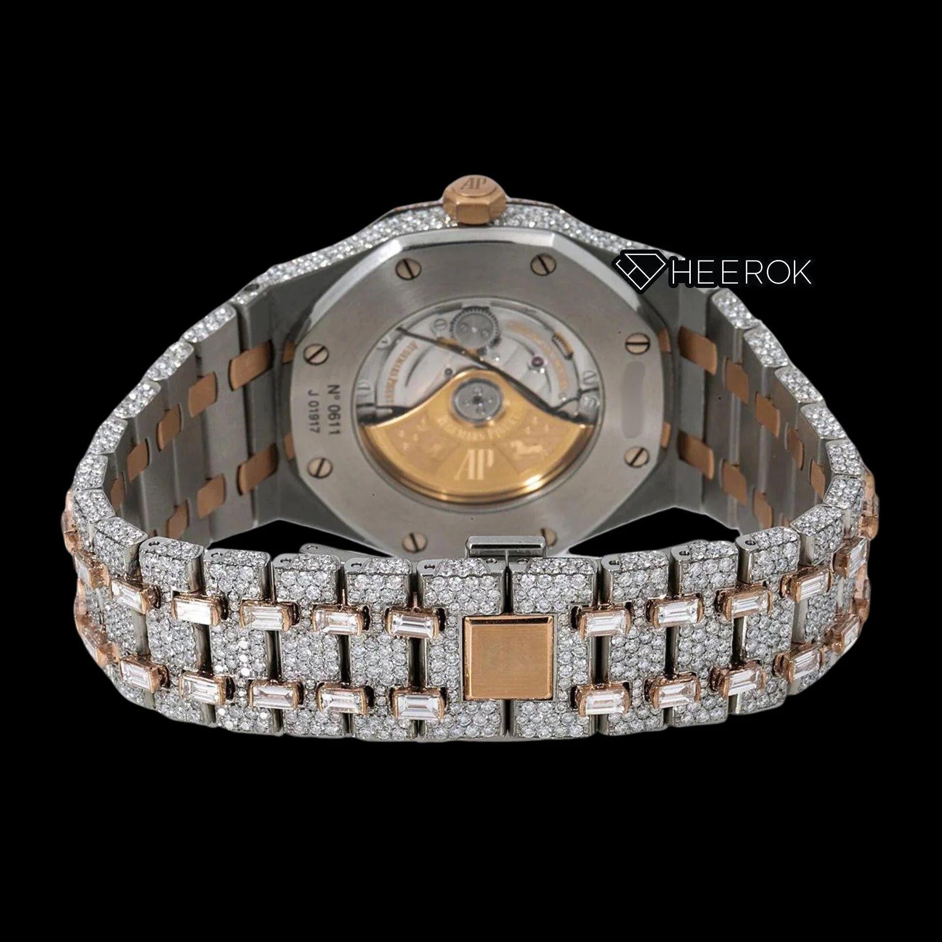 AP Royal Oak Pave Diamond Dial Baguette Diamond Markers Rose Gold Baguette Diamond Bezel Two Tone Fully Iced Out Moissanite Watch
